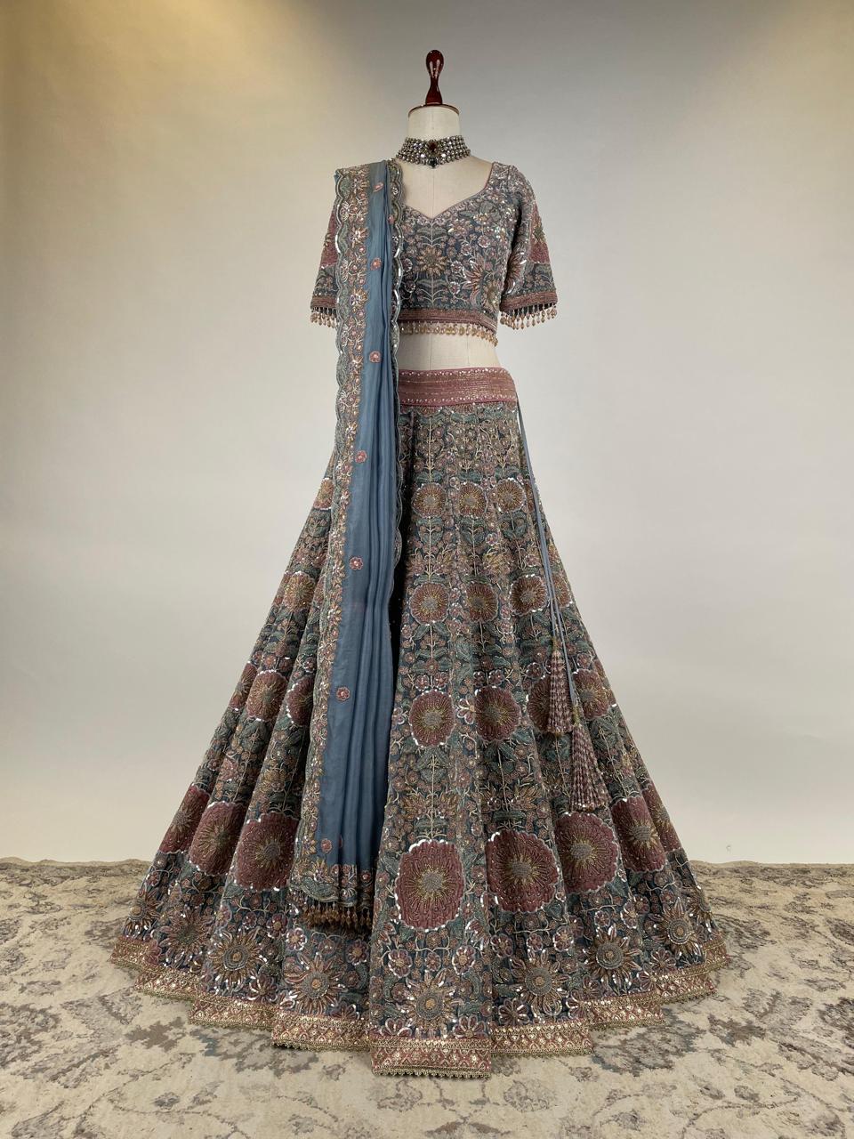 DUSTY BLUE AND PINK VELVET LEHENGA SET IN ZARDOSI