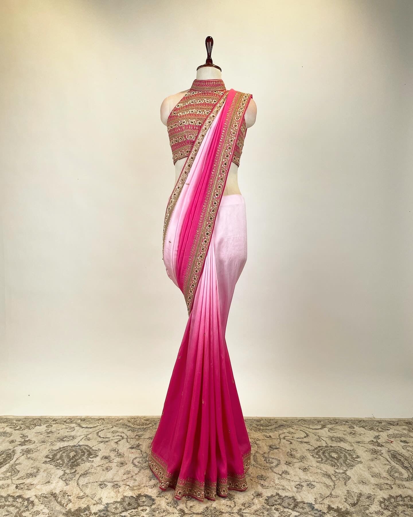 Ombre Crepe Silk Saree with and Halter Neck Blouse in Marodi work