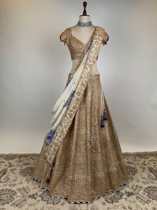 WHITE GOLD MARODI WORK LEHENGA WITH EKTAR RESHAM WORK EMBROIDERED DUPATTA