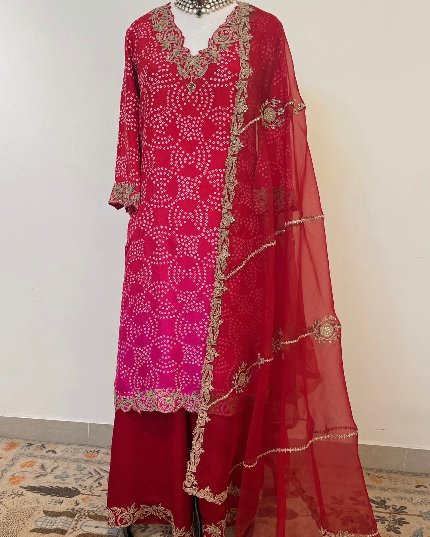 OMBRE RED TO PINK KURTA ENSEMBLE IN MARODI & RESHAM WORK