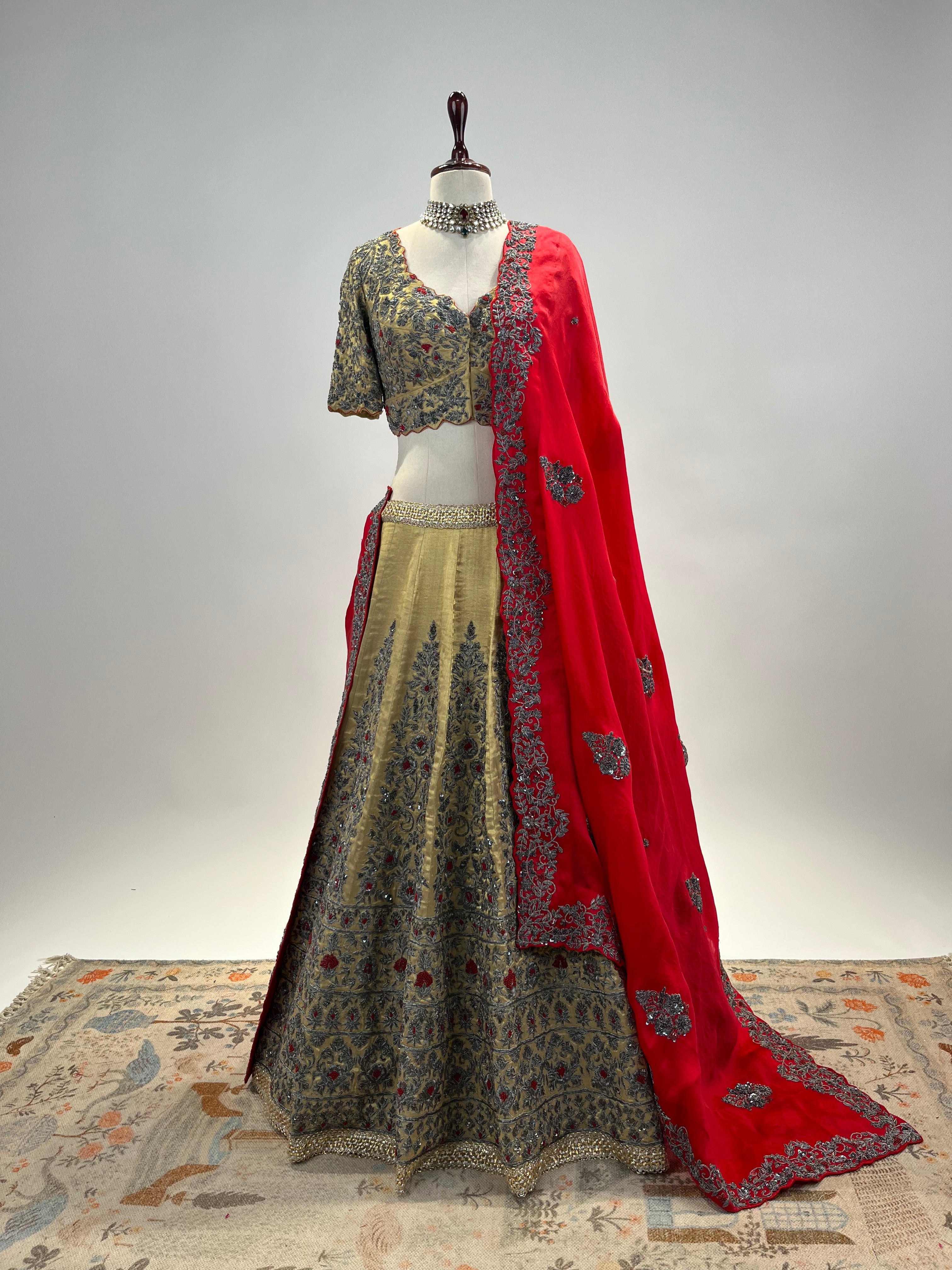 Handloom Tissue Silk Lehenga with Antique Zardosi and Red Resham Work