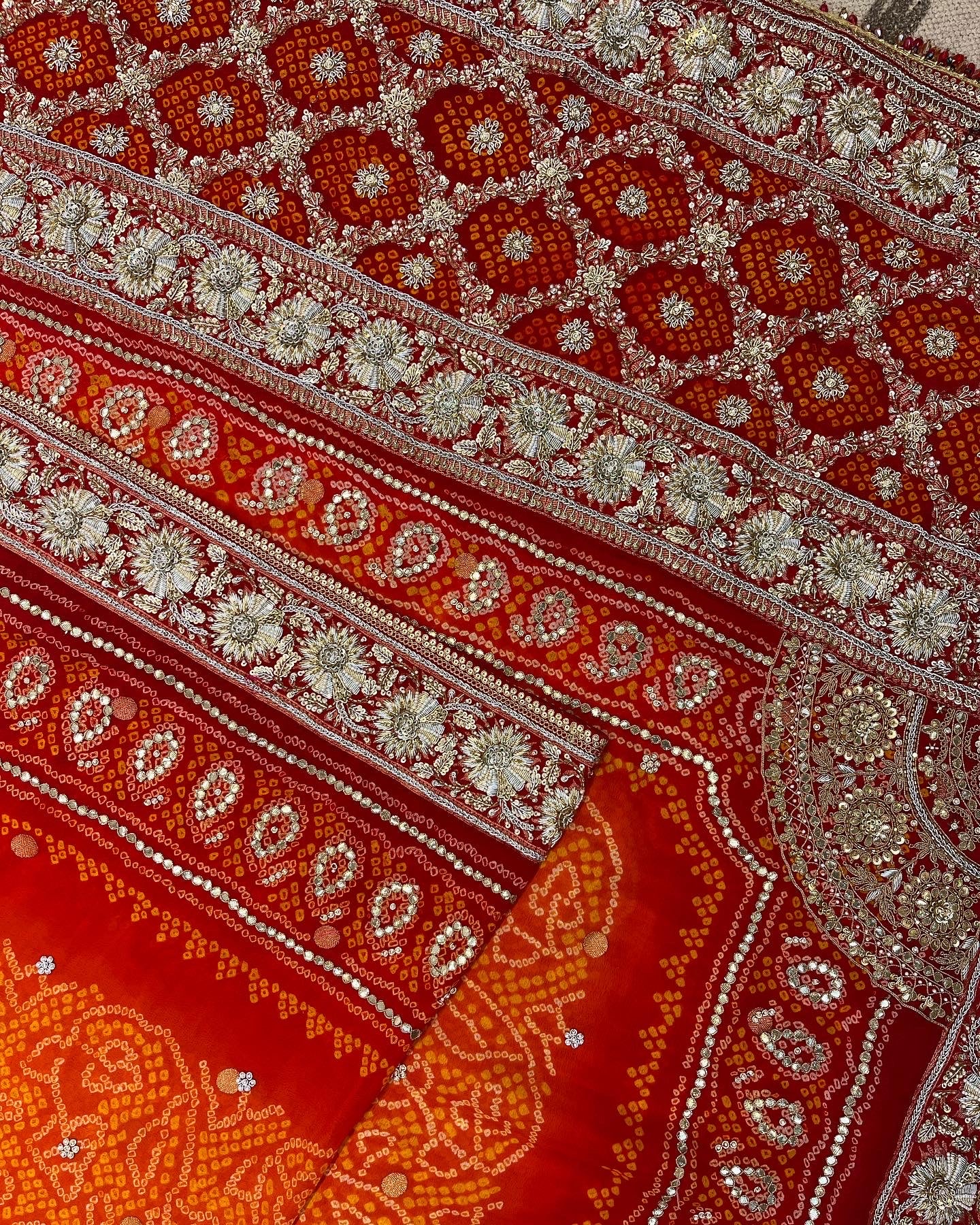 ORANGE & RED RAI BANDHEJ ODHNA WITH ZARDOSI WORK