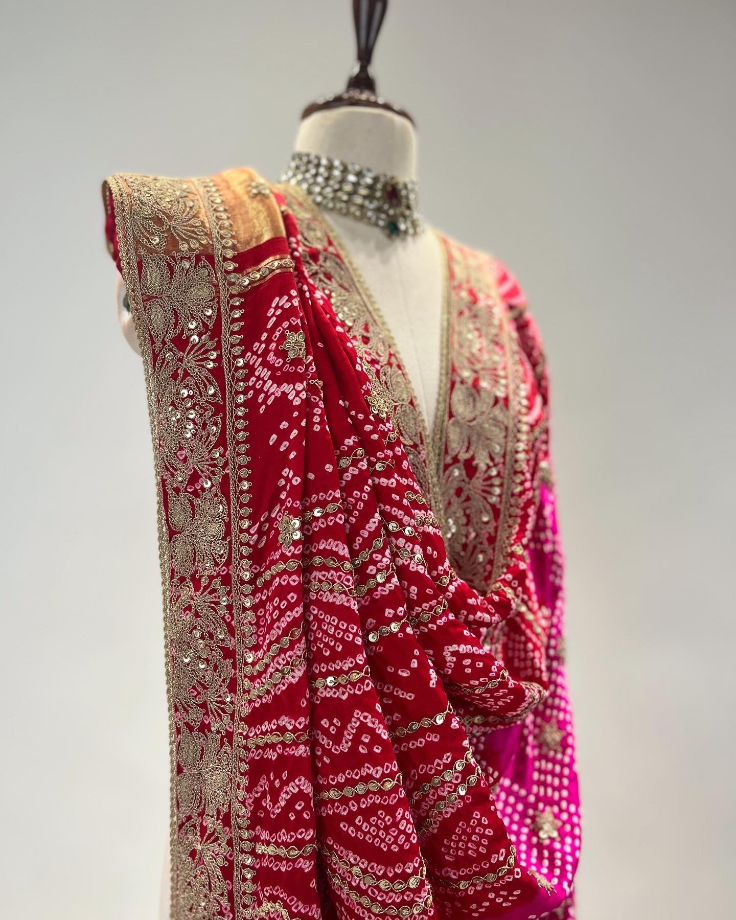 PINK-RED OMBRE MARODI WORK RAI BANDHEJ DUPATTA