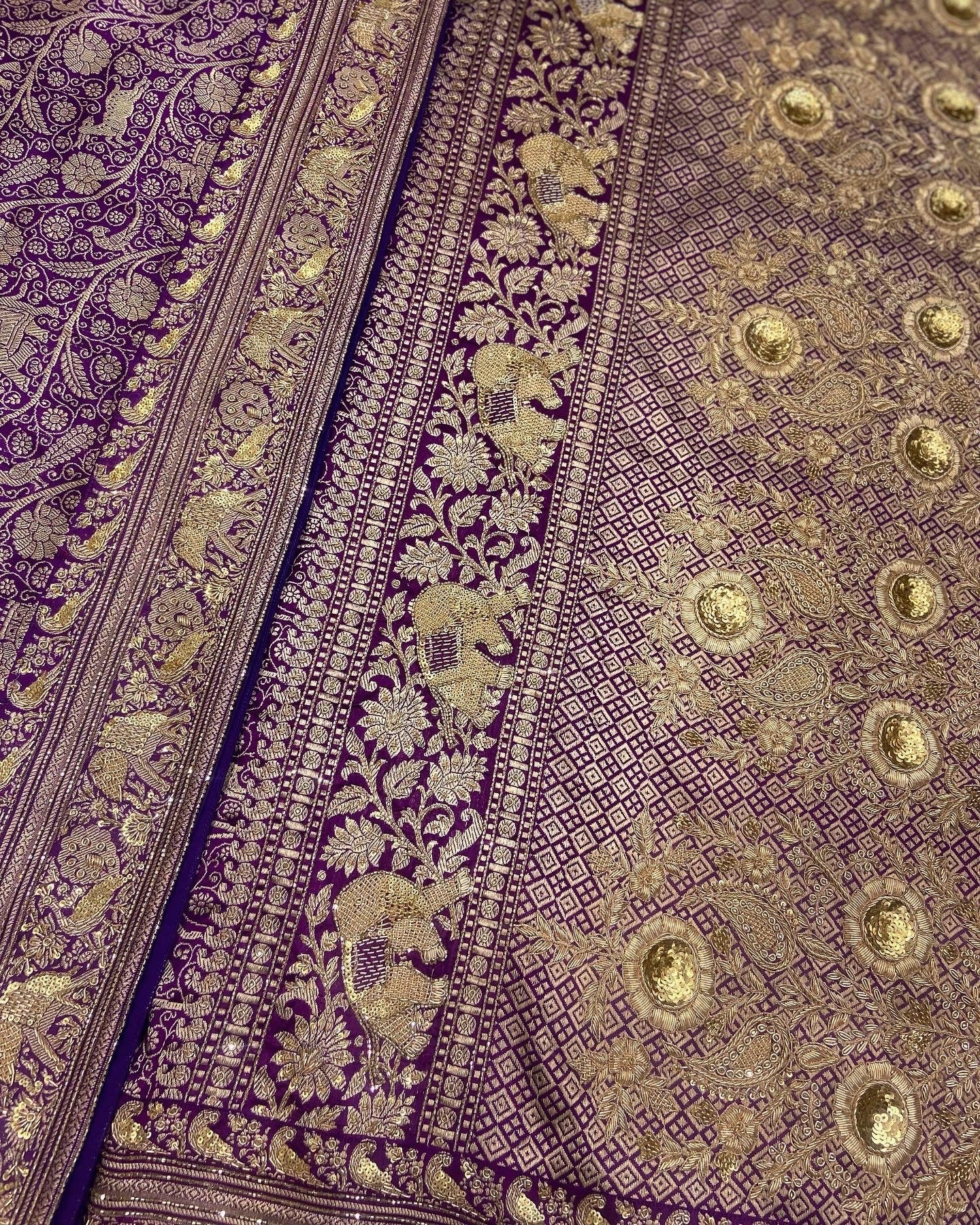 DEEP FRENCH VIOLET EKTAAR BANARASI SHIKARA SAREE IN ANTIQUE GOLD ZARDOSI WORK