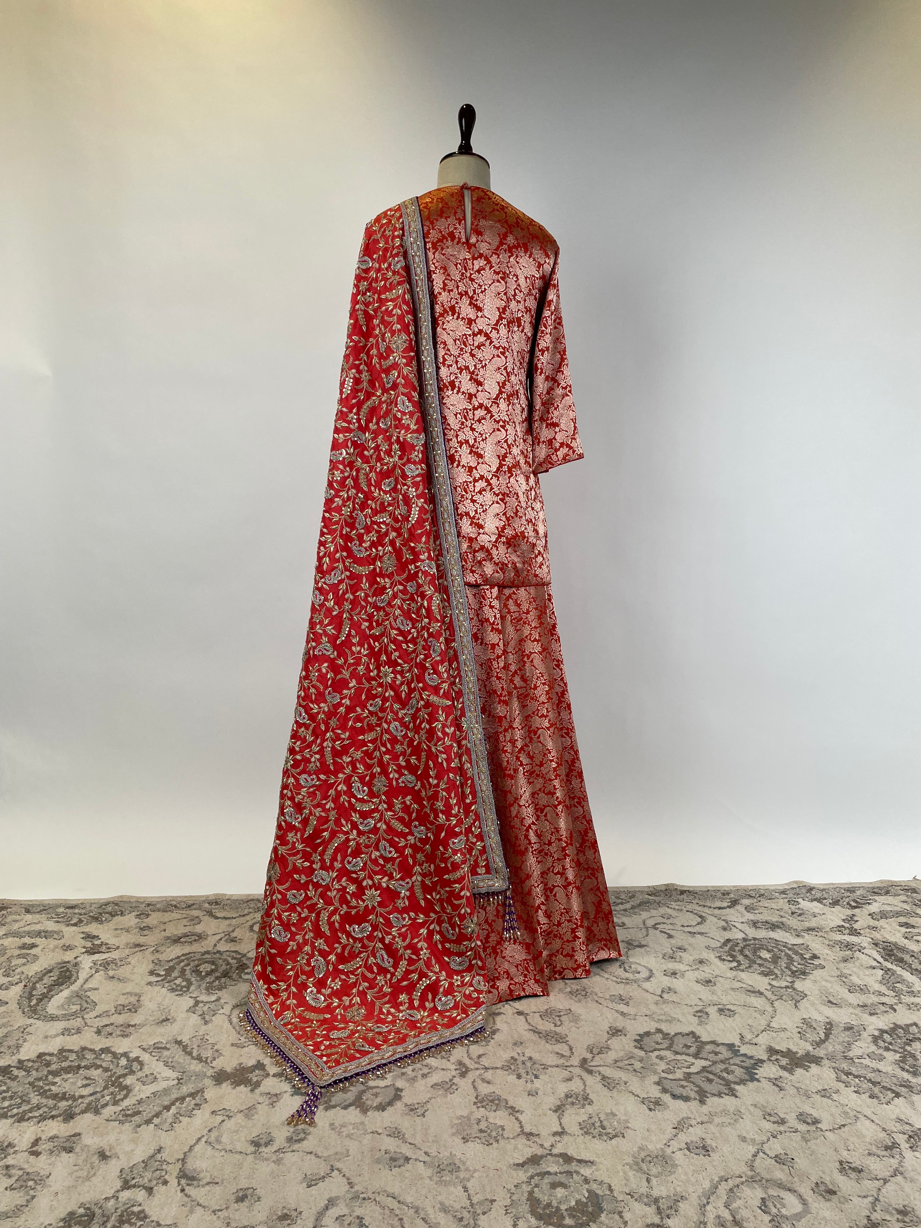 Burnt Orange Banarasi Sharara Set with Marodi and Zardosi Embroidered Dupatta