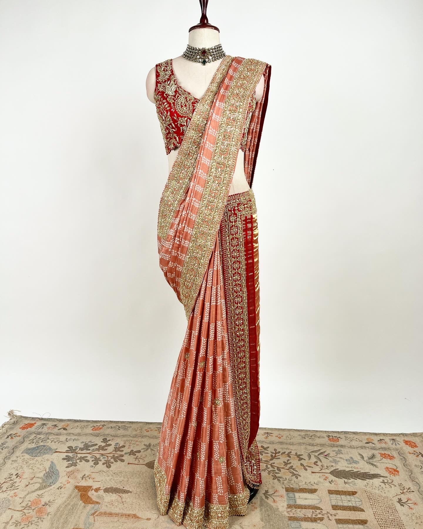 BANDHEJ CORAL TO RED OMBRE SAREE WITH ZARDOSI WORK BORDER & BLOUSE