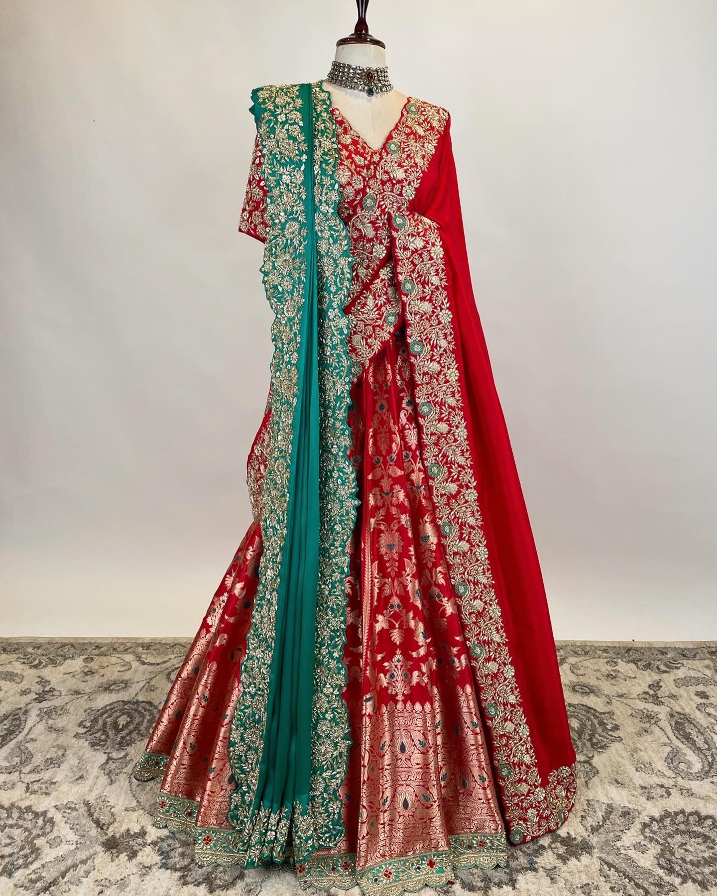 Kadwa Benarasi Lehenga in Zardosi with double drape dupatta and belt