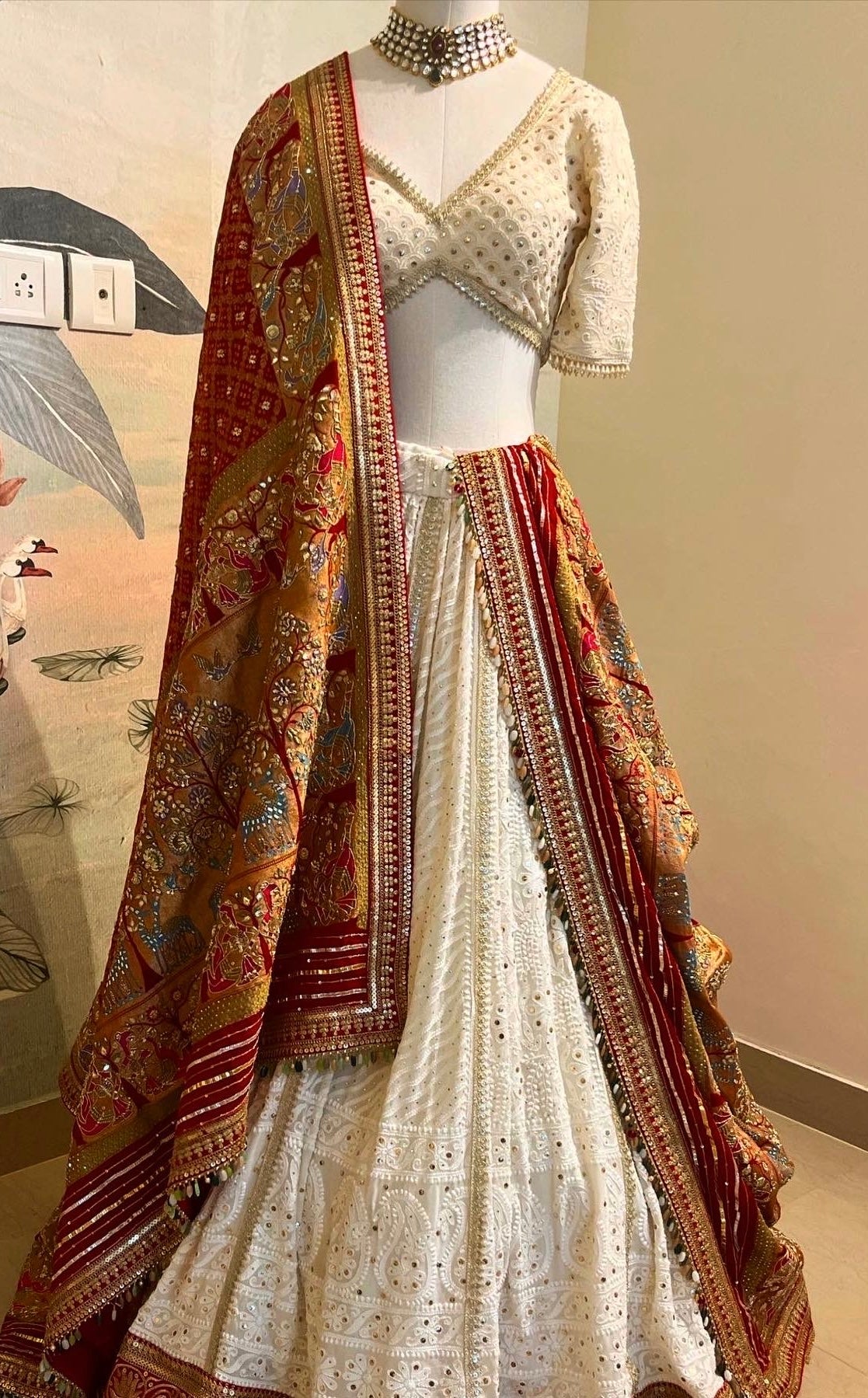 OFF WHITE PANETAR CHIKANKARI ZARDOSI KASAB & BANDHEJ LEHENGA