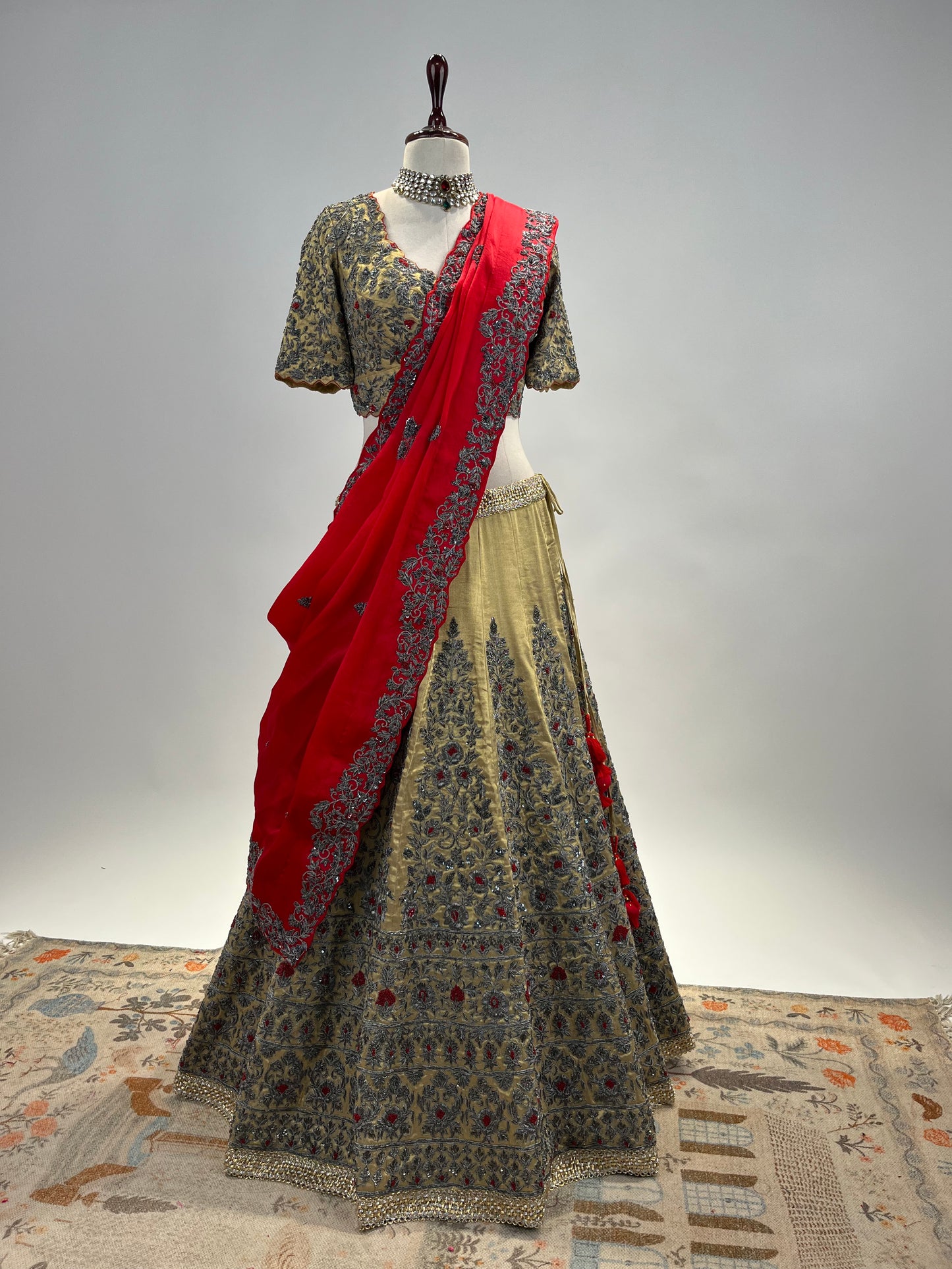 Handloom Tissue Silk Lehenga with Antique Zardosi and Red Resham Work