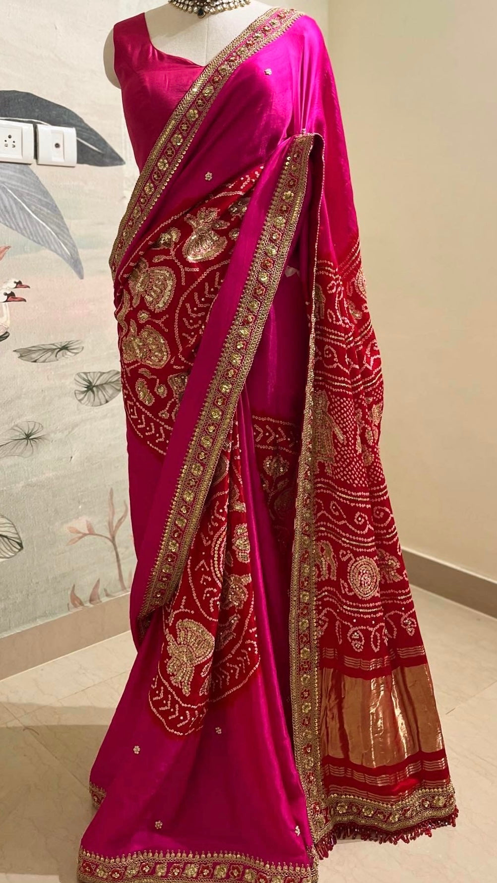 RANI PINK & RED BANDHANI SAREE