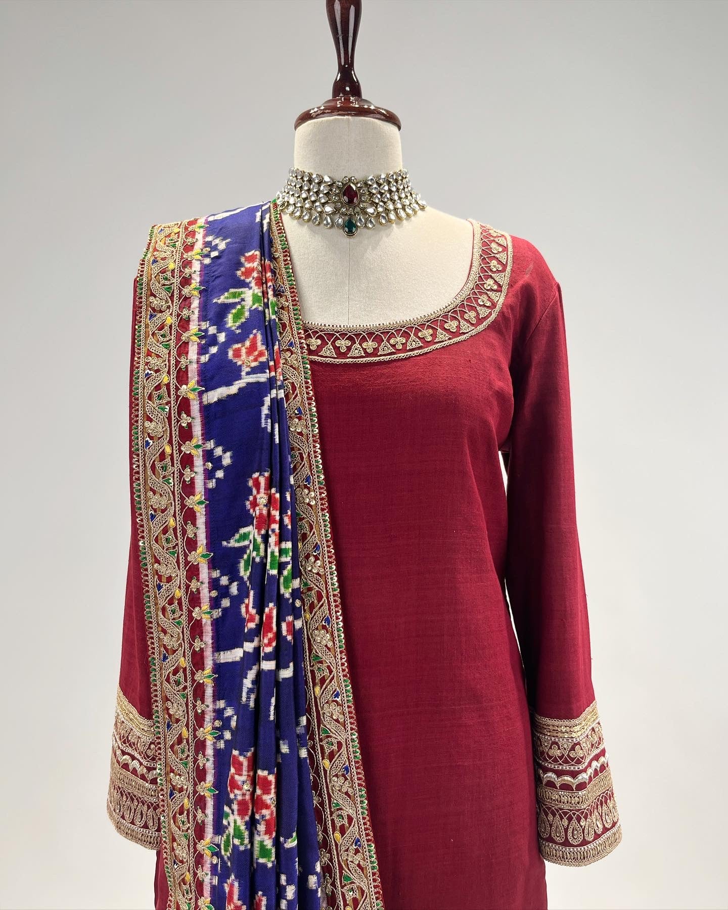 PURE DOUBLE MATKA SILK STRAIGHT KURTA WITH DOUBLE IKAT PATAN PATOLA DUPATTA IN MARODI & RESHAM WORK