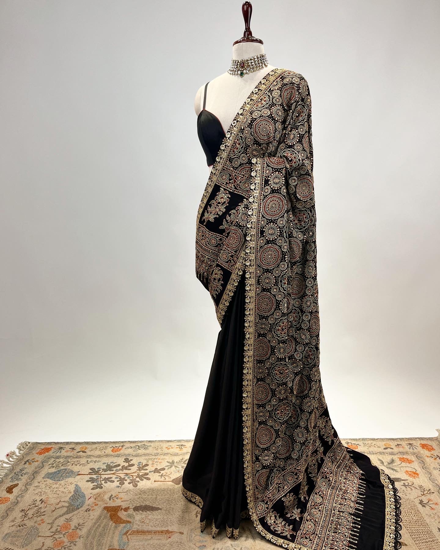 BLACK AJRAKH EMBROIDERED SAREE