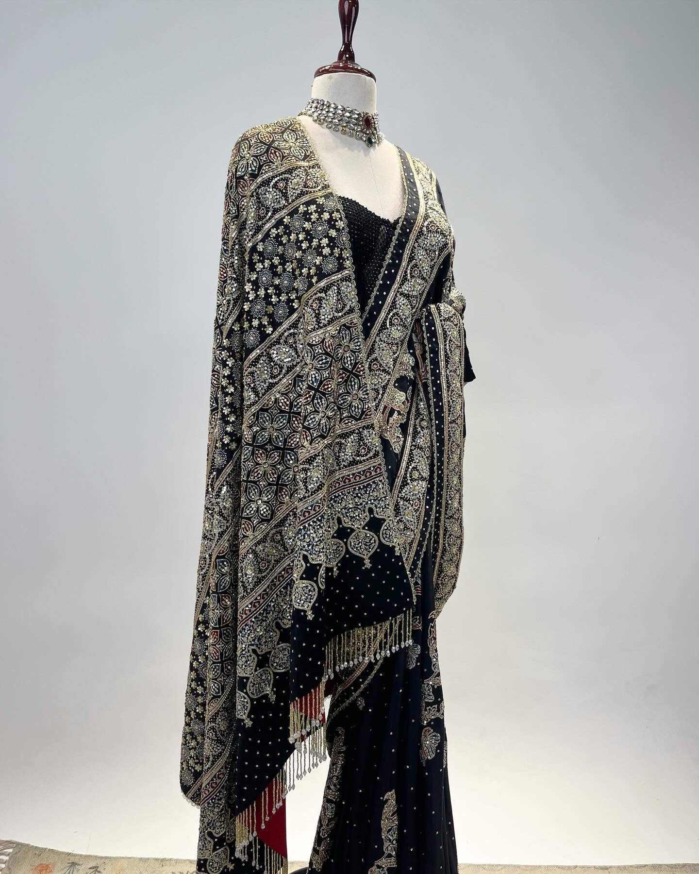 PATTERNED AJRAKH SAREE IN ZARDOSI & SEQUIN WORK