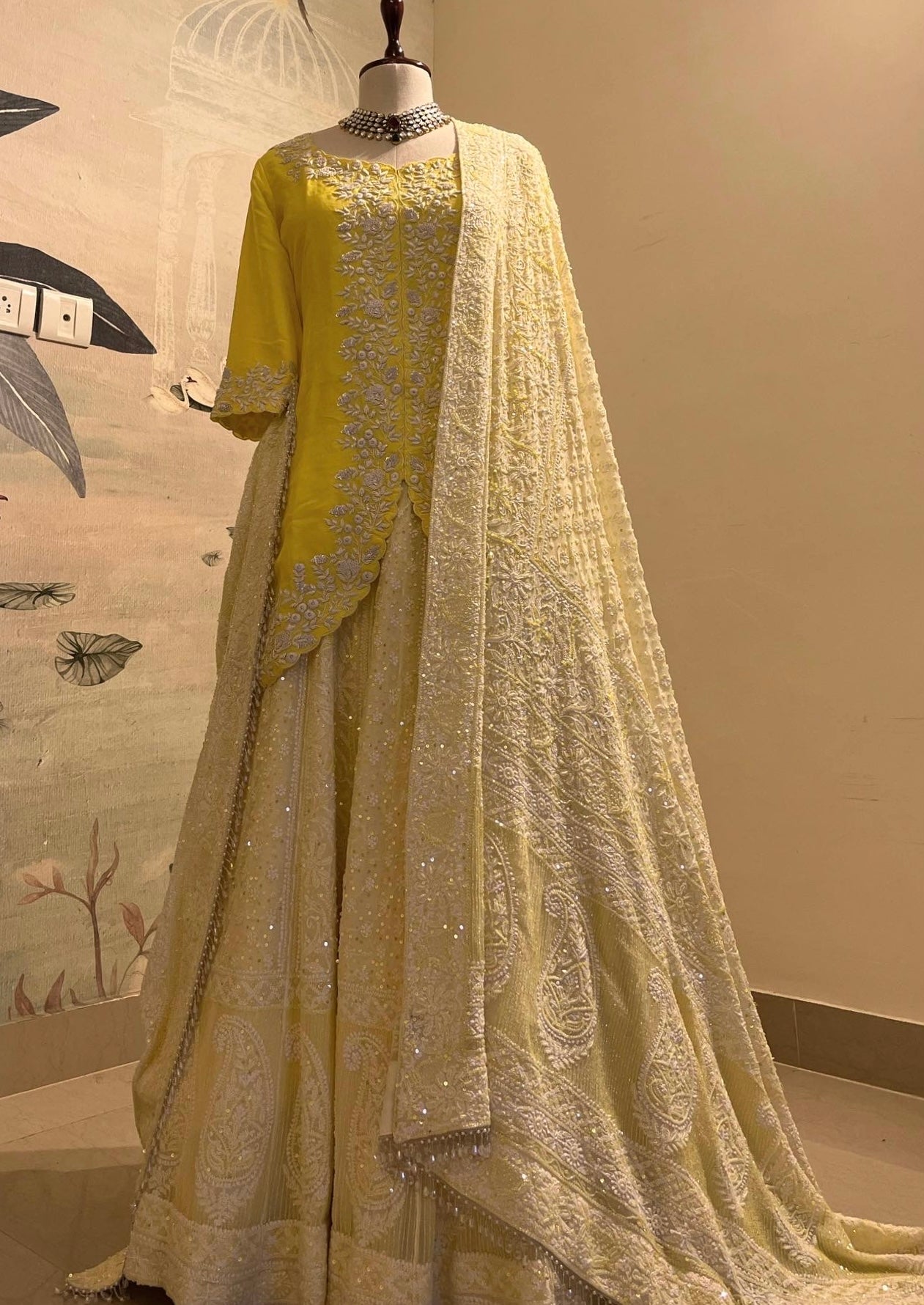 LIME YELLOW CHIKANKARI LEHENGA WITH SHORT KURTA