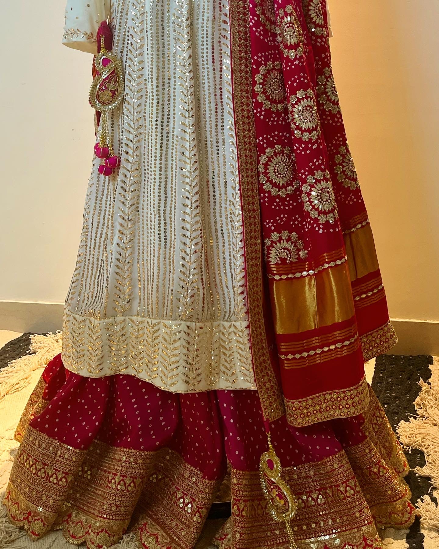 OFF WHITE MUKAISH WORK ANARKALI WITH BANDHEJ SHARARA