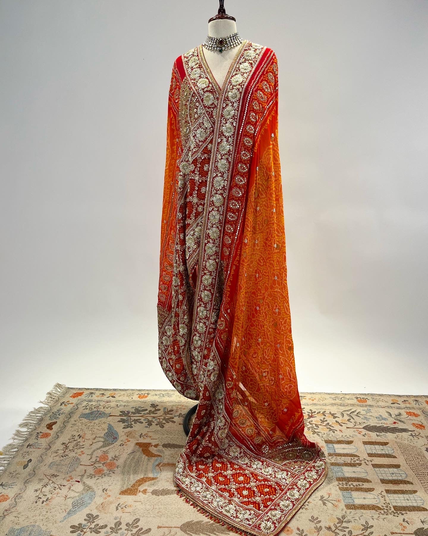 ORANGE & RED RAI BANDHEJ ODHNA WITH ZARDOSI WORK