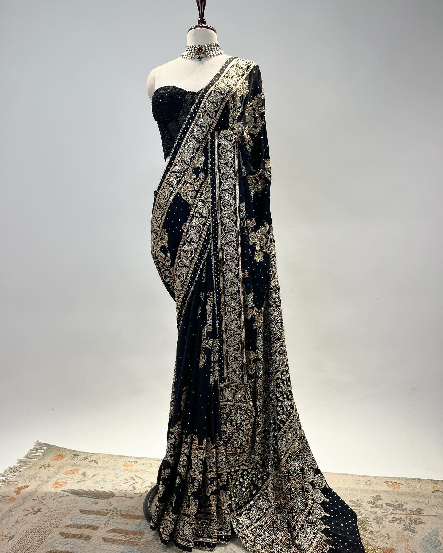 PATTERNED AJRAKH SAREE IN ZARDOSI & SEQUIN WORK