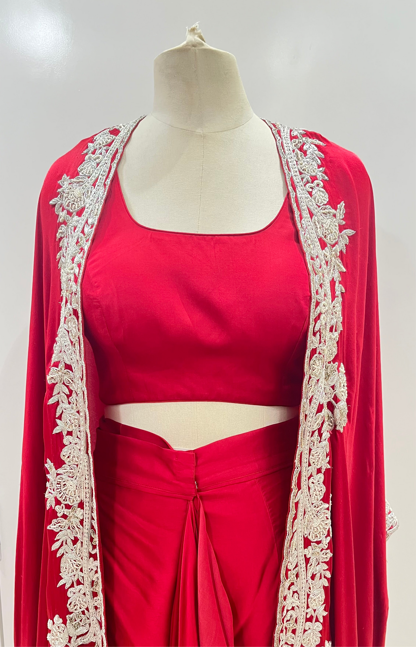 RED CAPE WITH DRAPED SKIRT AND BLOUSE