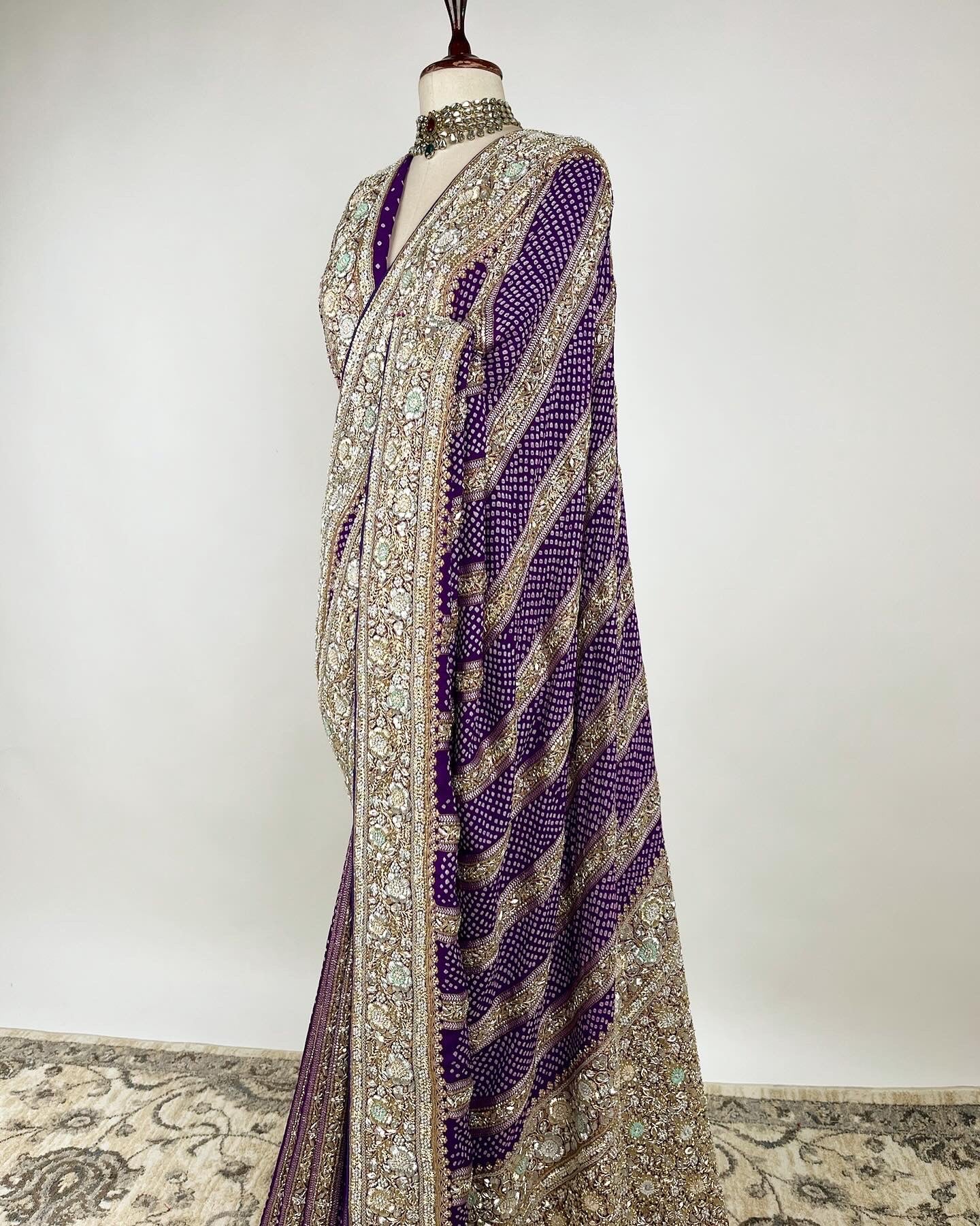 PURPLE RAI BANDHEJ SAREE WITH INTRICATE ZARDOSI DETAILING