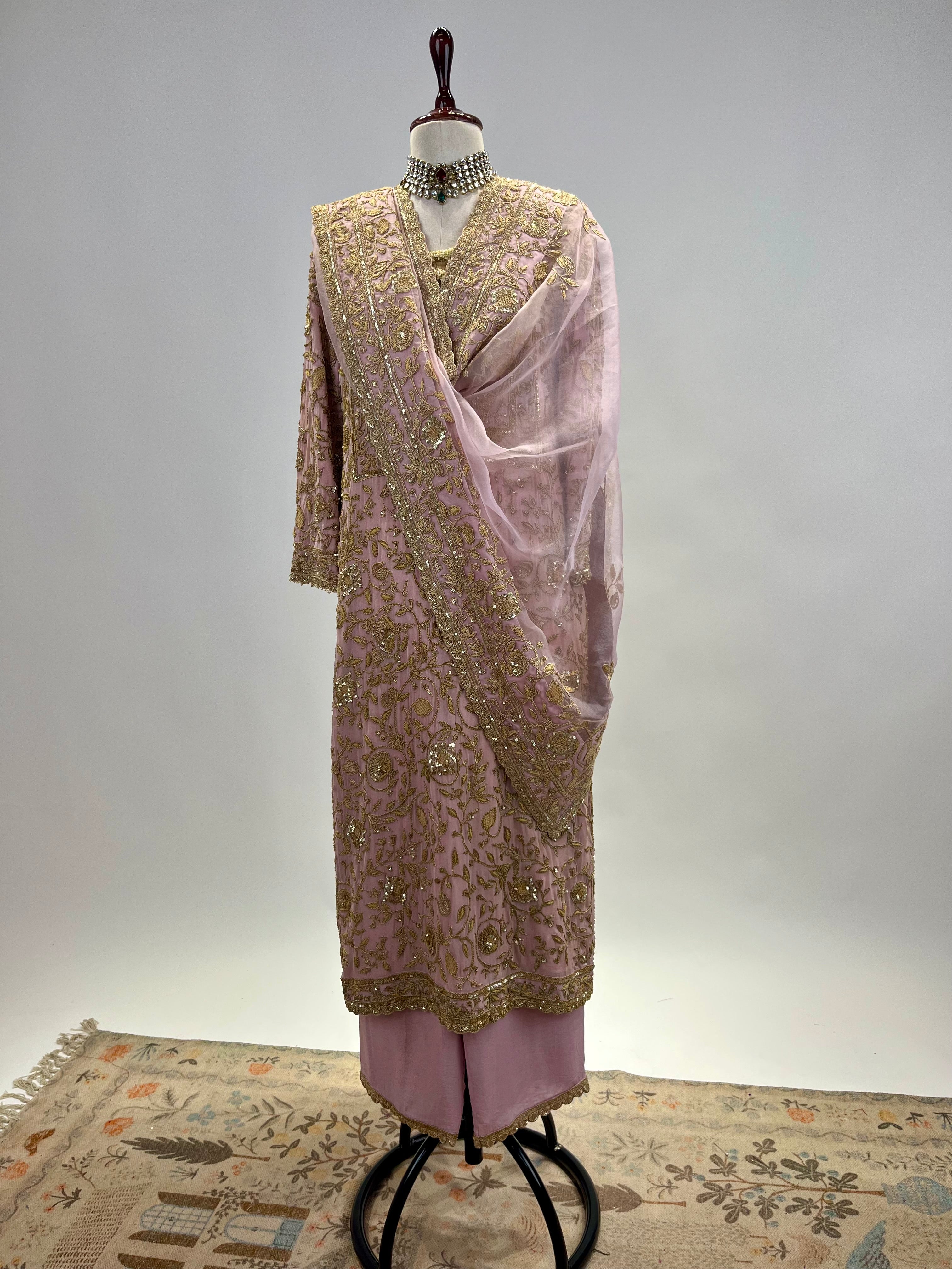 Antique Marodi detailed Chiffon Kurta Set with Organza embroidered dupatta