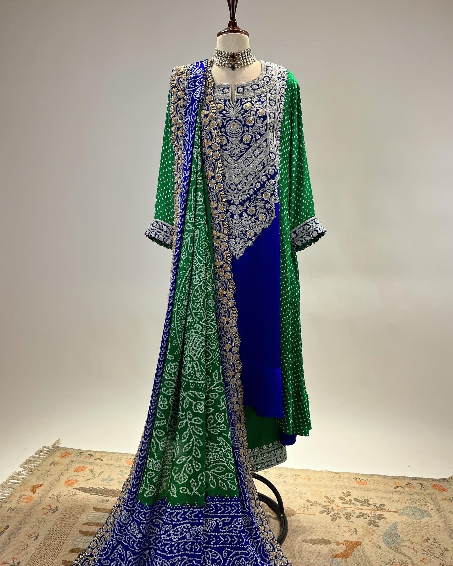 ROYAL BLUE & EMERALD GREEN AABHA ENSEMBLE IN SILVER MARODI & BANDHEJ WORK