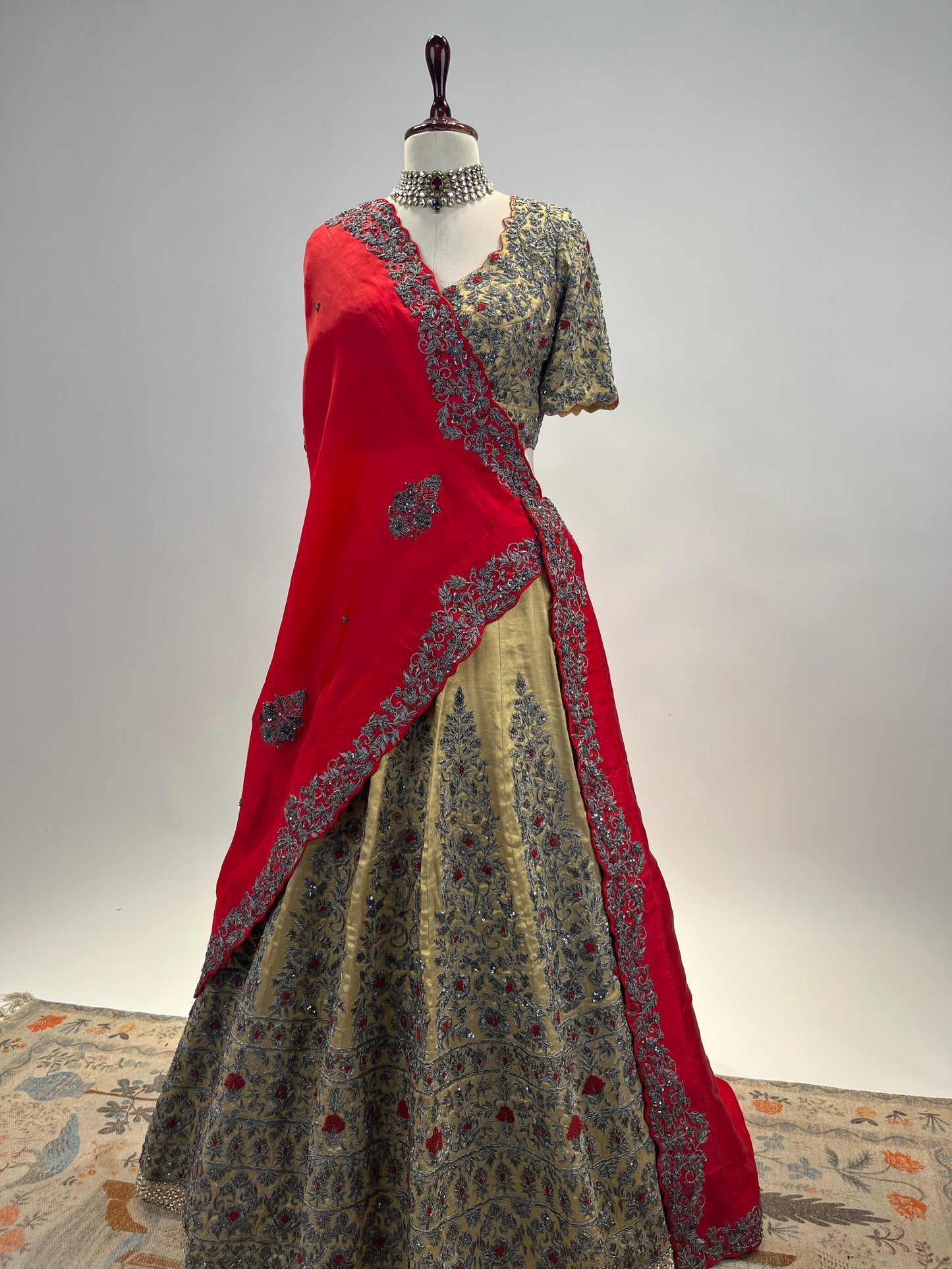 Handloom Tissue Silk Lehenga with Antique Zardosi and Red Resham Work