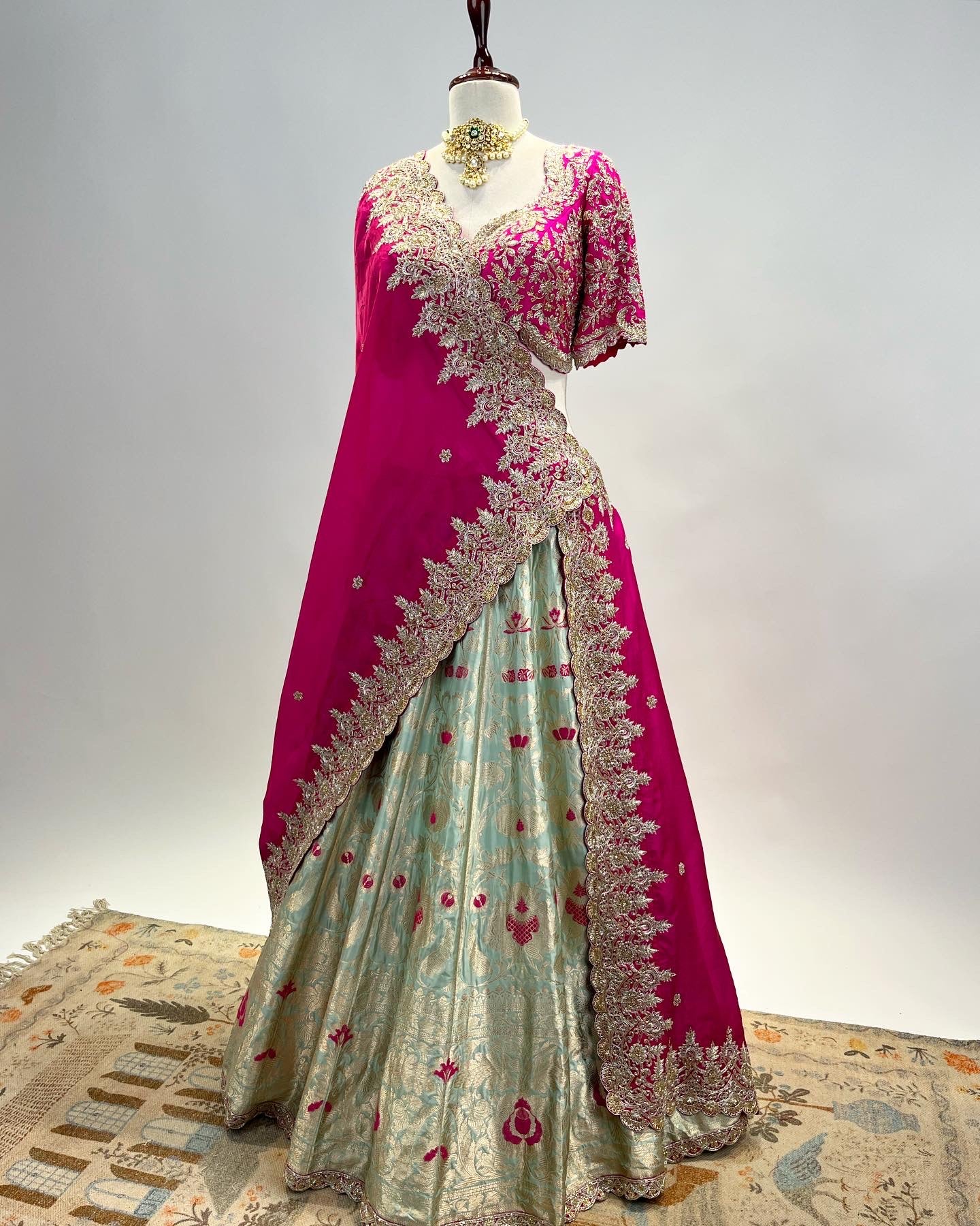 PASTEL TIFFANY BLUE BANARASI KADWA MEENA LEHENGA WITH MAGENTA DUPATTA & ZARDOSI WORK