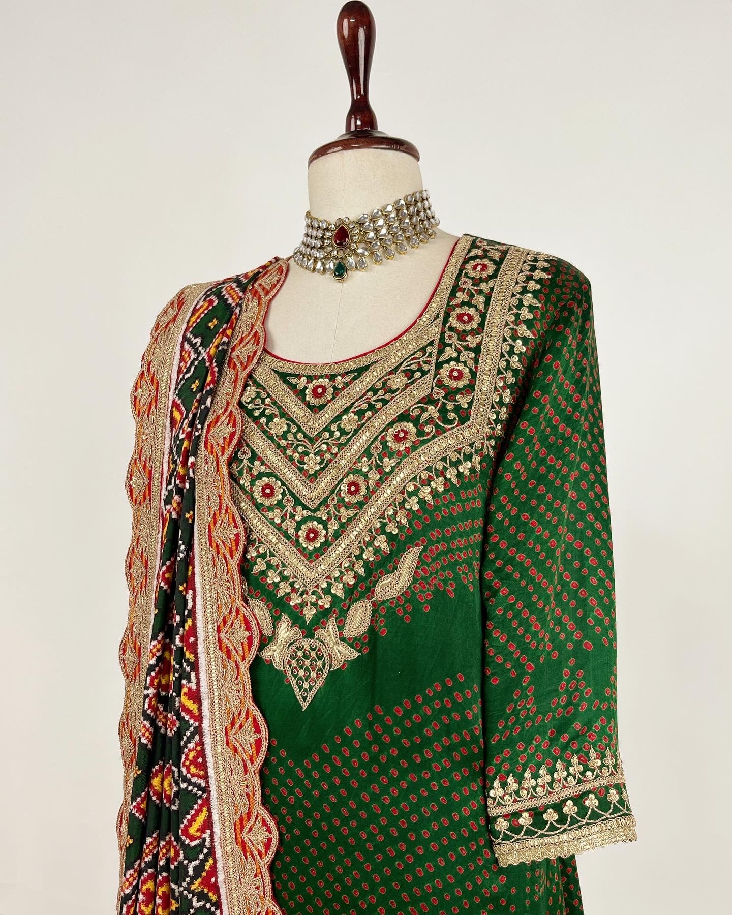 AABHA ENSEMBLE IN MARODI WITH DOUBLE IKAT PATAN PATOLA DUPATTA & EMBROIDERED IJHAR