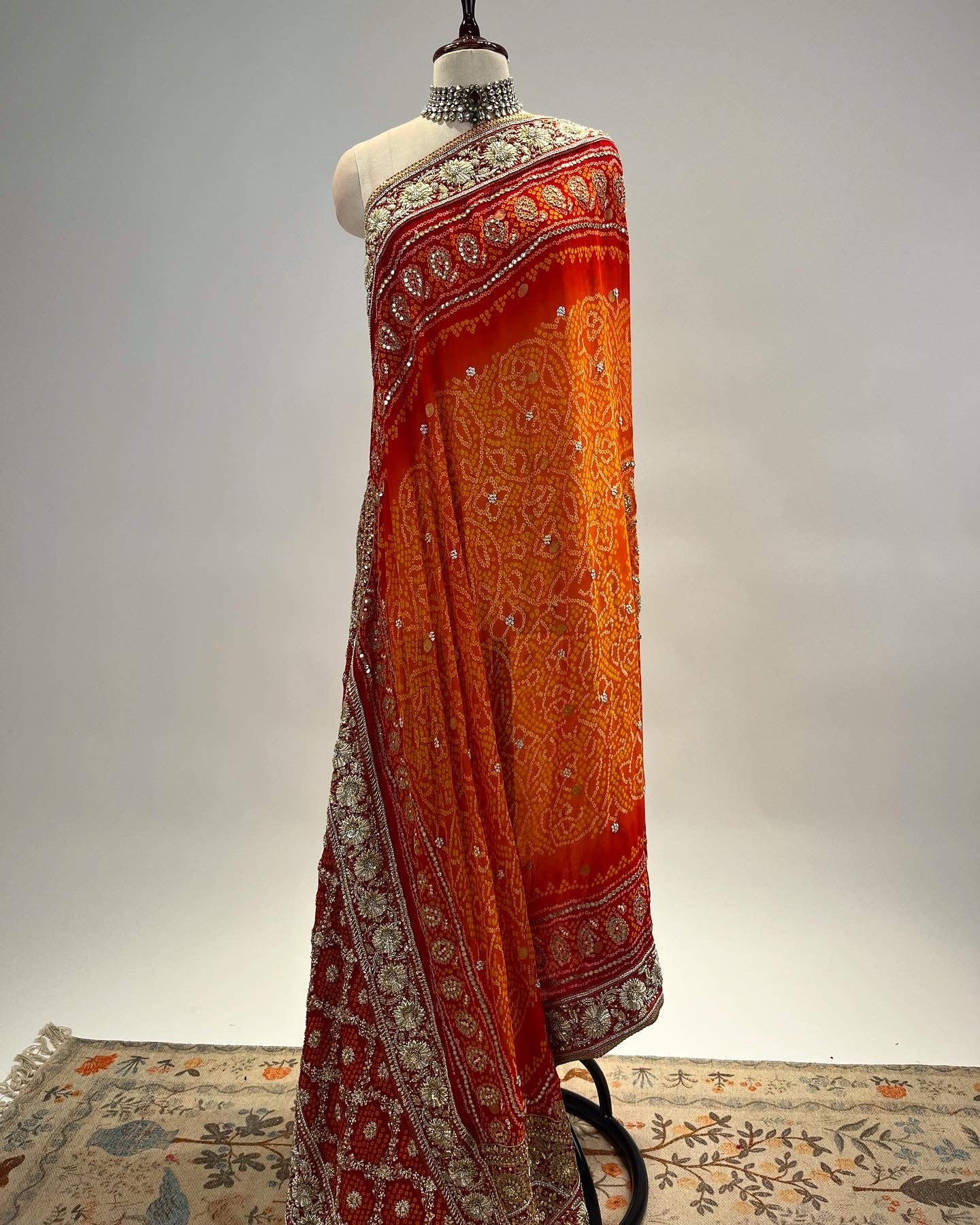 ORANGE & RED RAI BANDHEJ ODHNA WITH ZARDOSI WORK