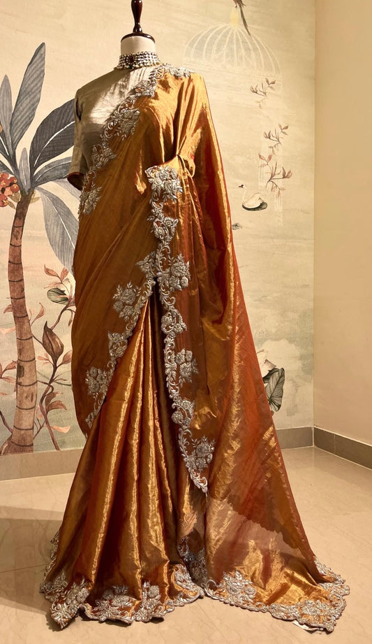 RUSTIC GOLD TISSUE SILK SAREE WITH SILVER ZARDOSI WORK & SILVER TISSUE BLOUSE