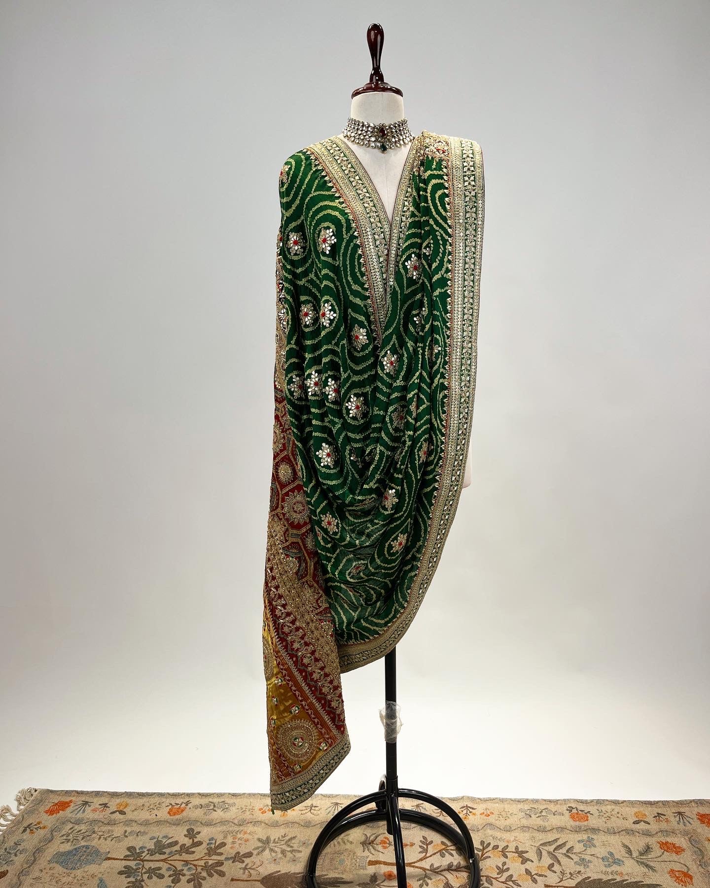 AJRAKH & BANDHANI DUPATTA WITH MARODI, RESHAM & ZARDOSI WORK