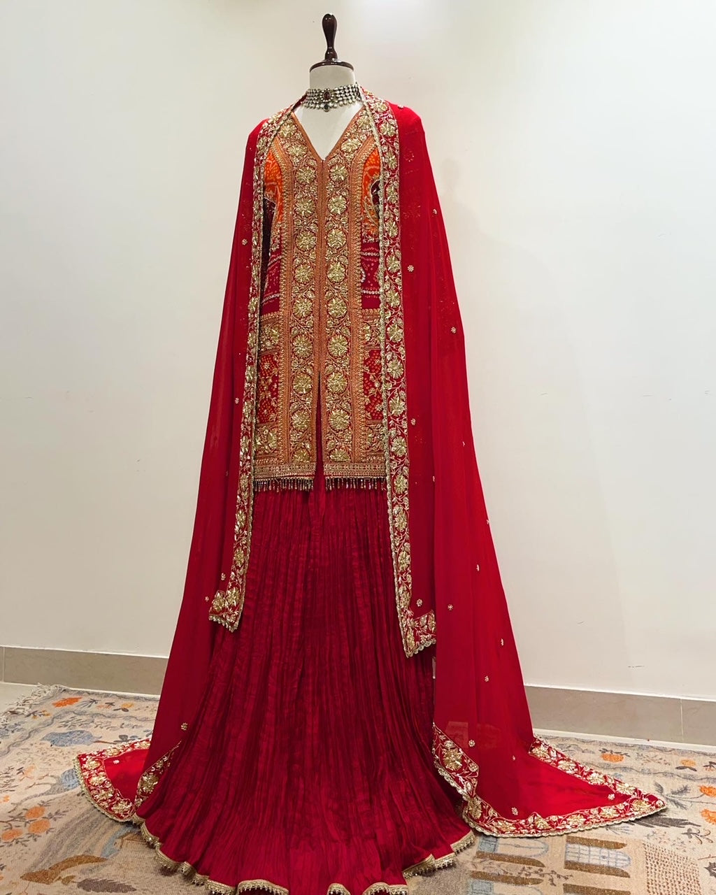 RED BANDHEJ SHARARA JODA CRAFTED WITH ZARDOSI