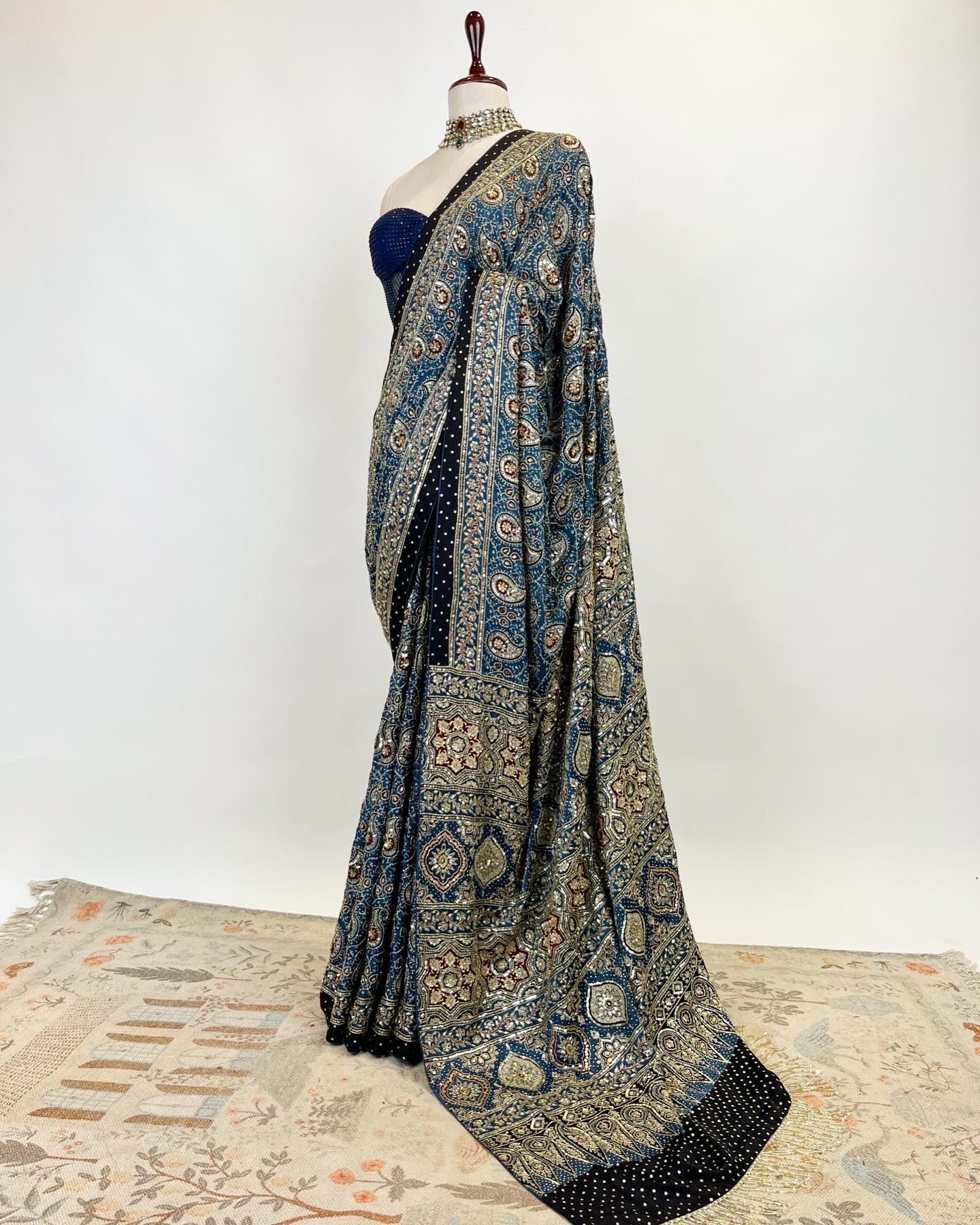 AJRAKH SAREE IN NATURAL INDIGO WITH ZARDOSI CRYSTAL BEADS & ZARI WORK