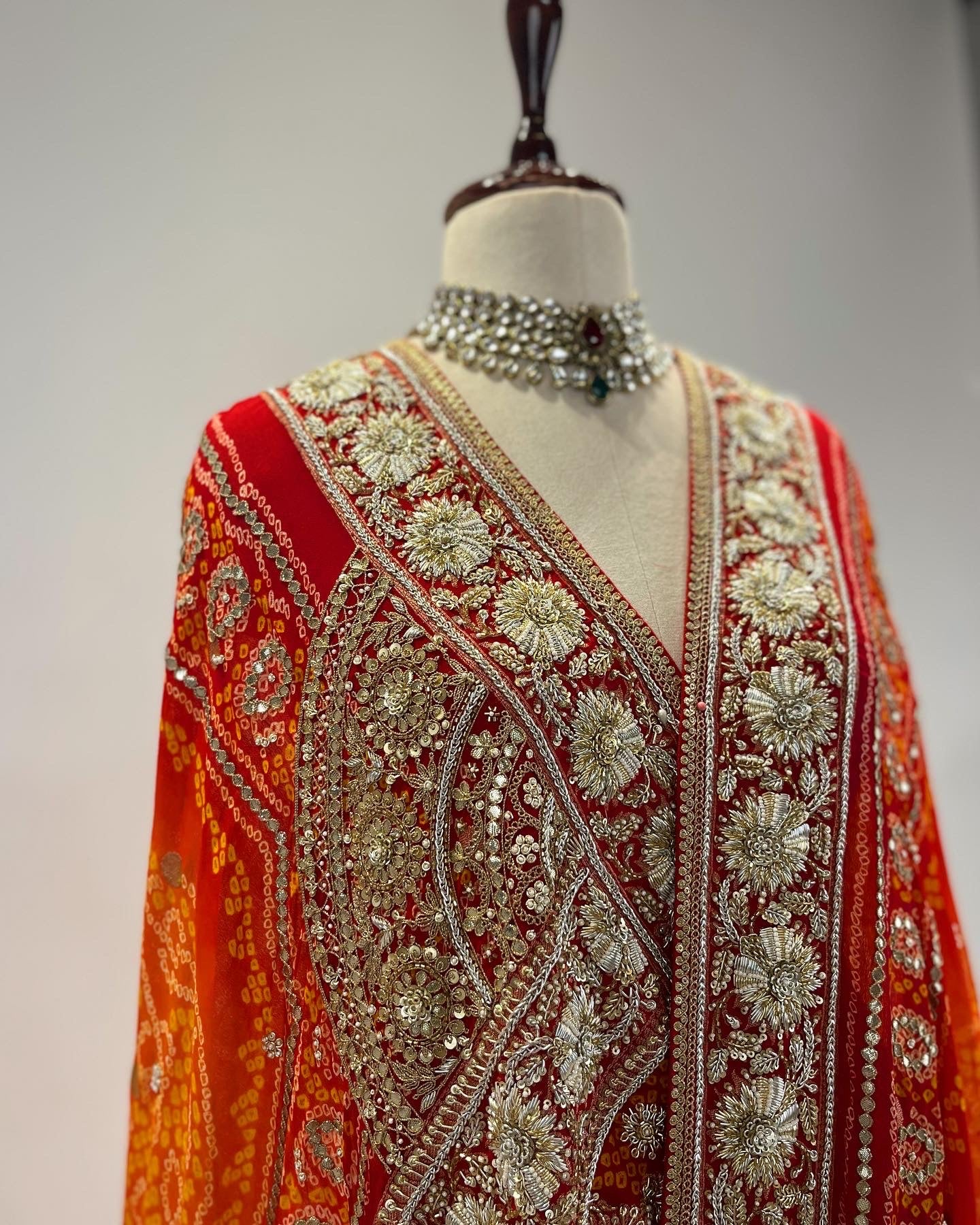 ORANGE & RED RAI BANDHEJ ODHNA WITH ZARDOSI WORK