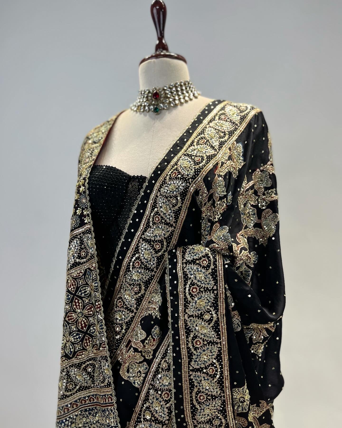 PATTERNED AJRAKH SAREE IN ZARDOSI & SEQUIN WORK