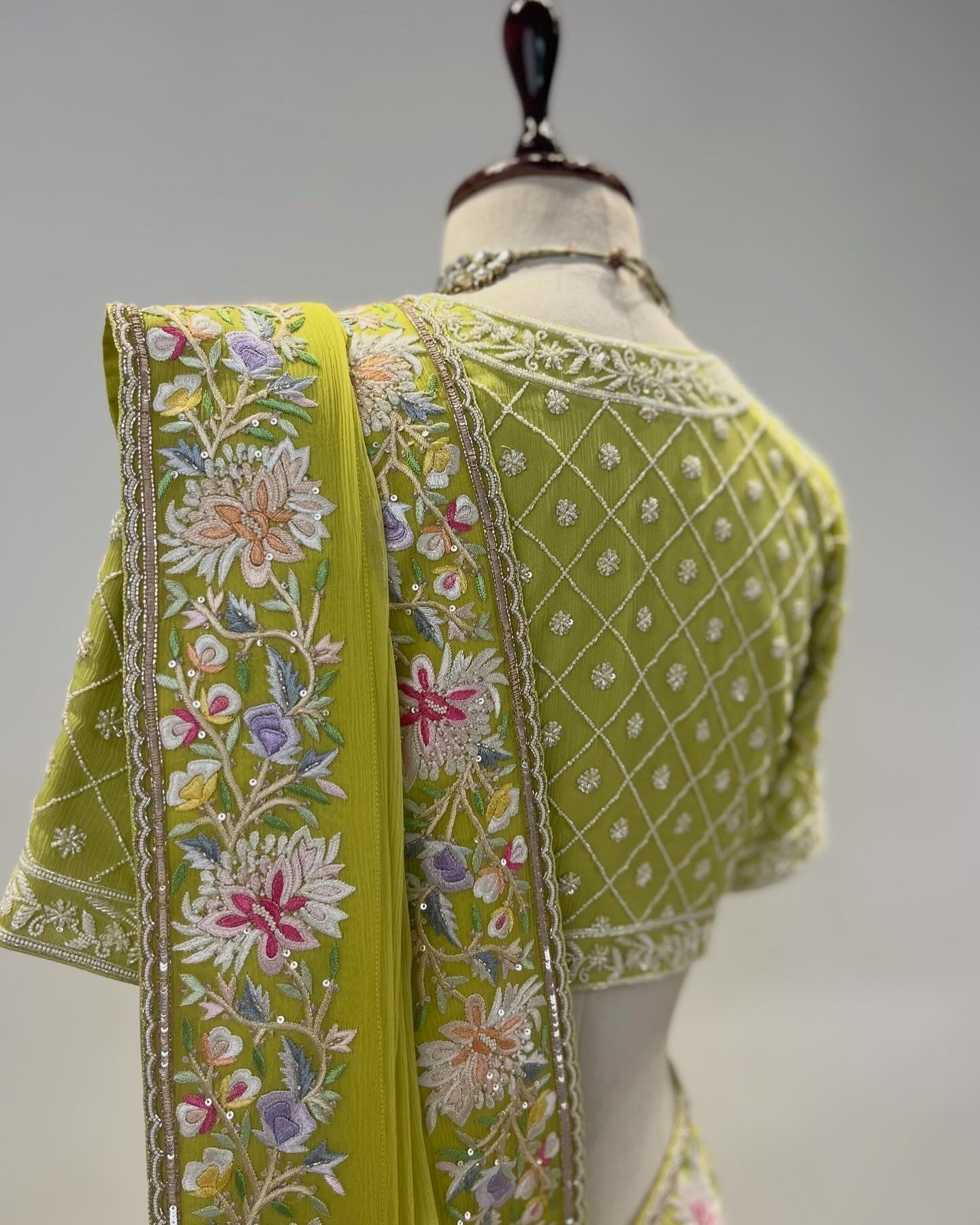 LIME GREEN CHIFFON EKTAAR FINE GARA EMBROIDERED BORDER SAREE