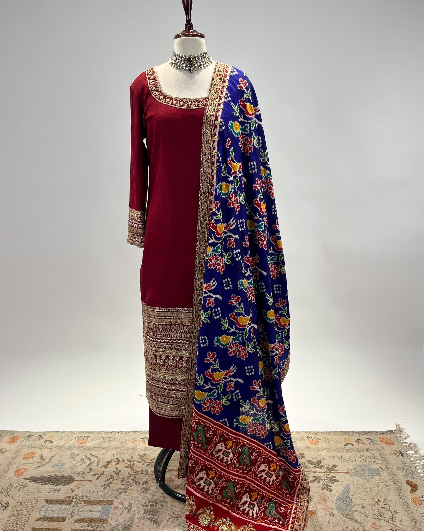 PURE DOUBLE MATKA SILK STRAIGHT KURTA WITH DOUBLE IKAT PATAN PATOLA DUPATTA IN MARODI & RESHAM WORK