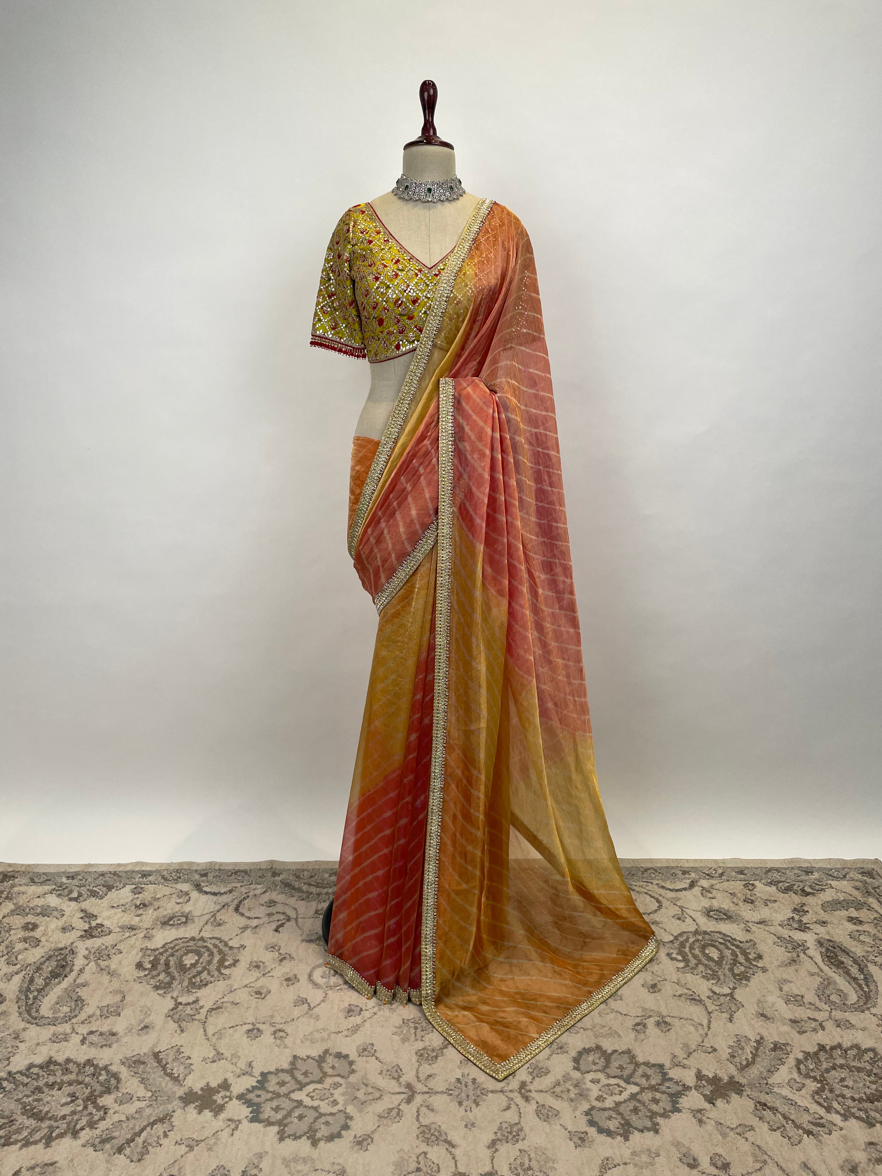 Leheriya Tissue Saree with Embroidered Blouse