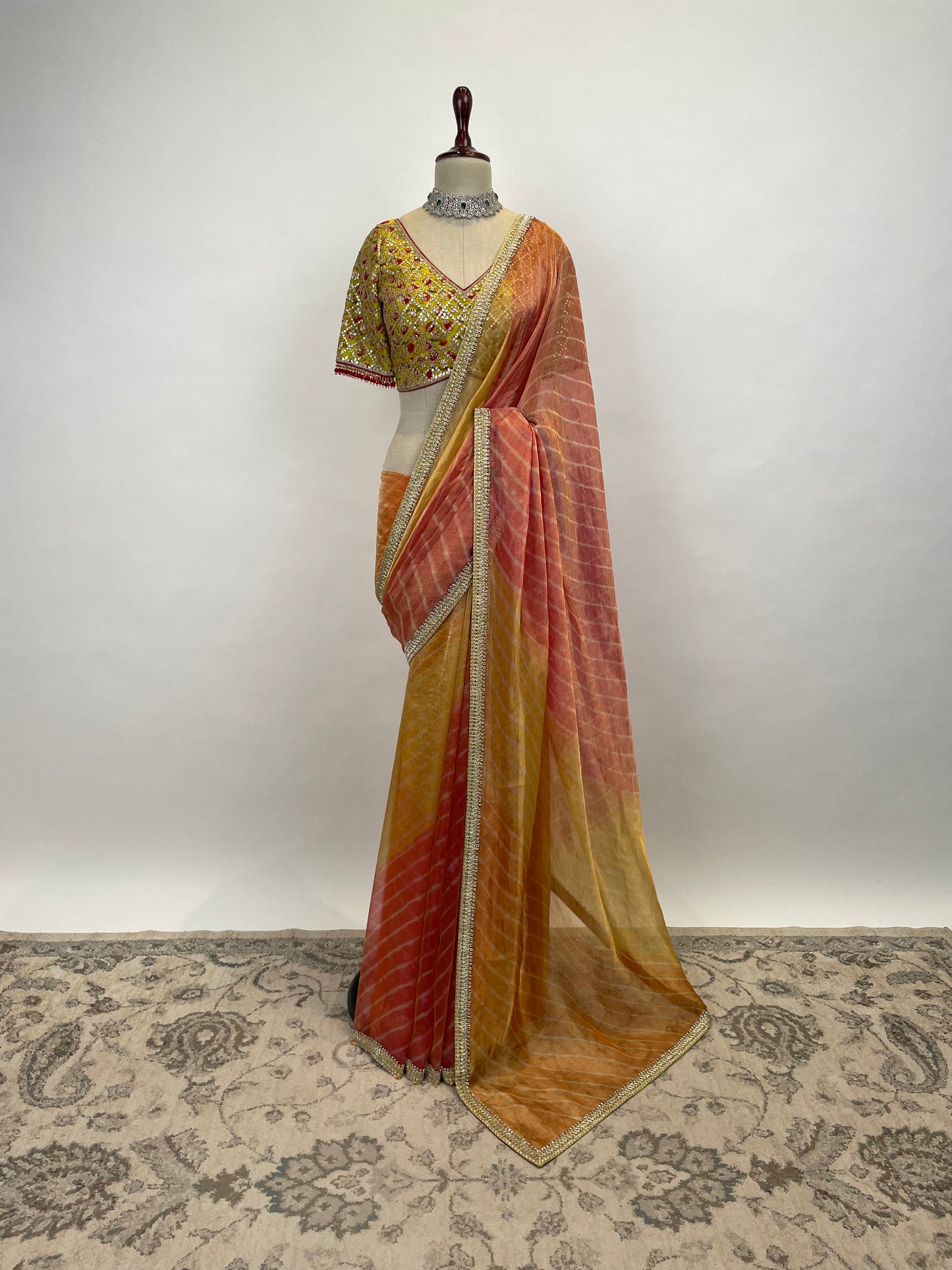 Leheriya Tissue Saree with Embroidered Blouse