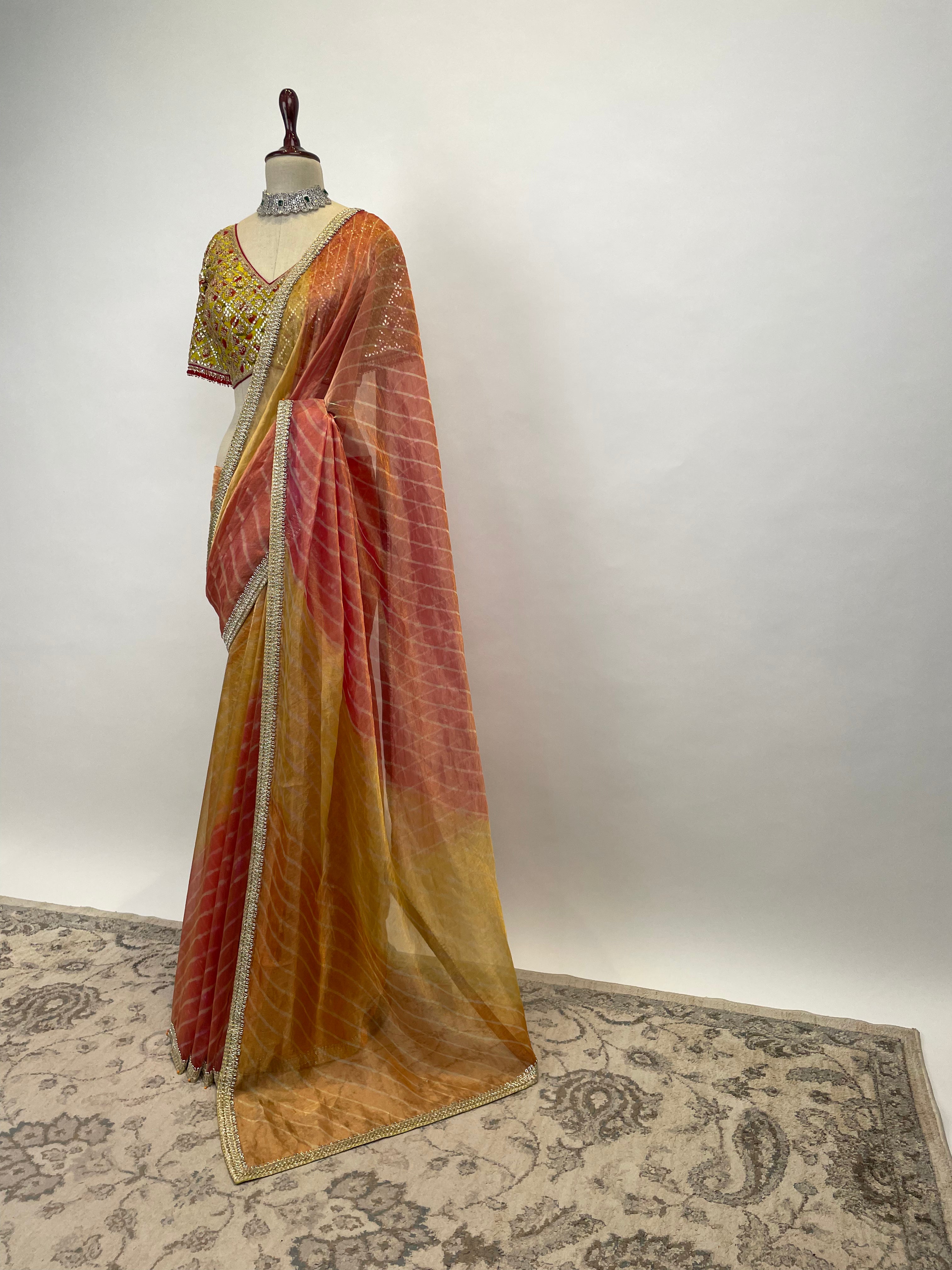 Leheriya Tissue Saree with Embroidered Blouse