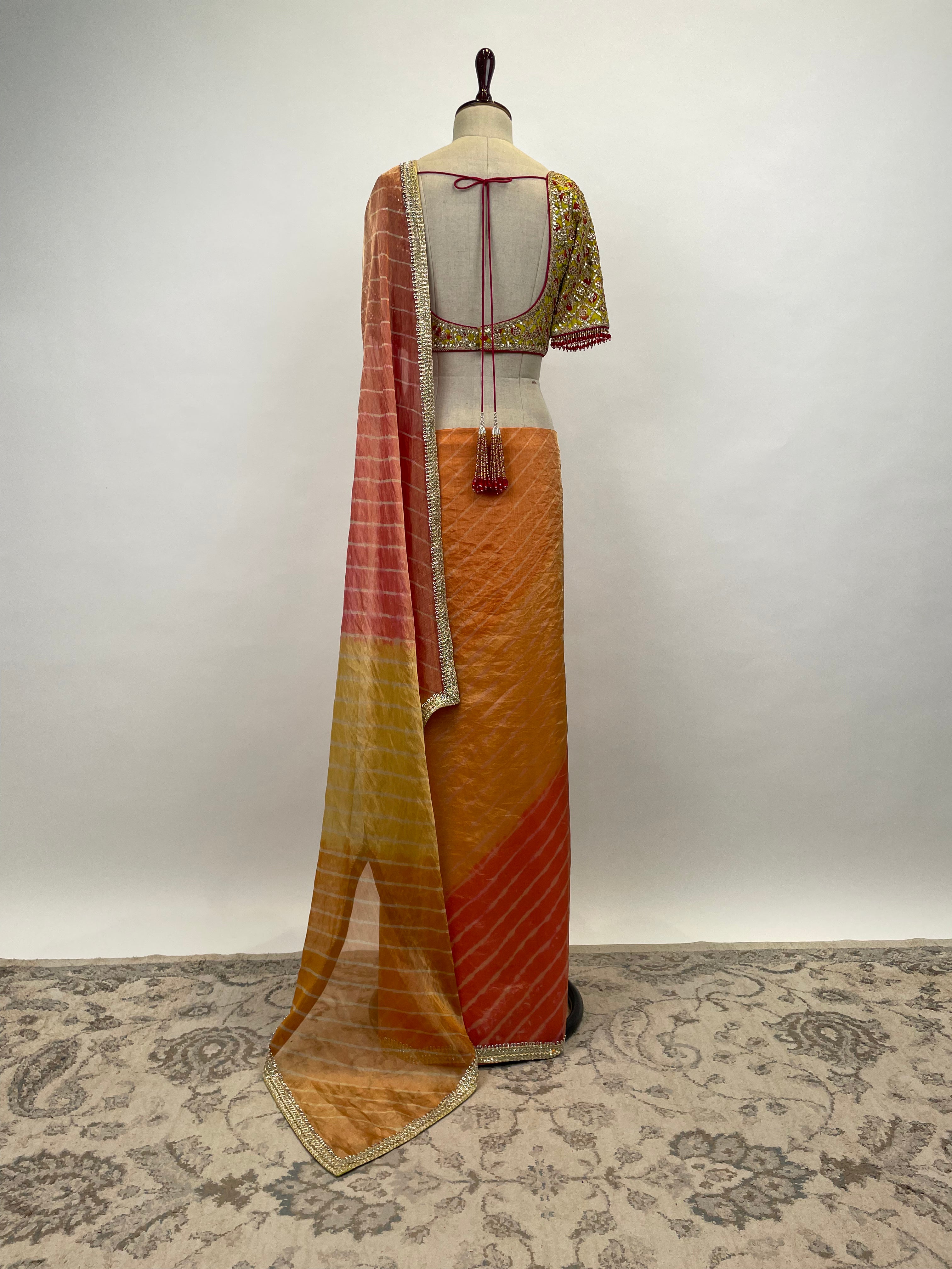 Leheriya Tissue Saree with Embroidered Blouse