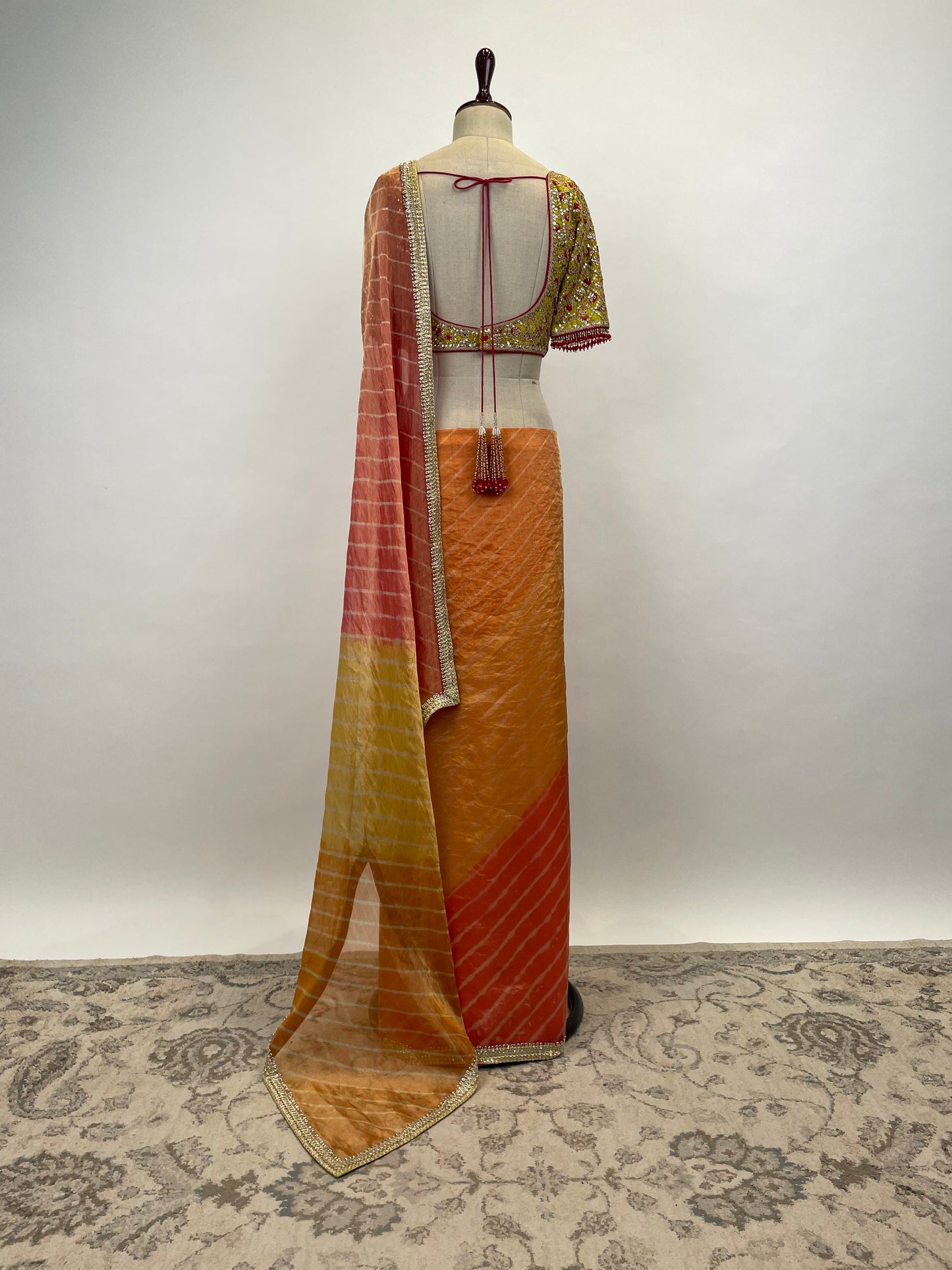 Leheriya Tissue Saree with Embroidered Blouse