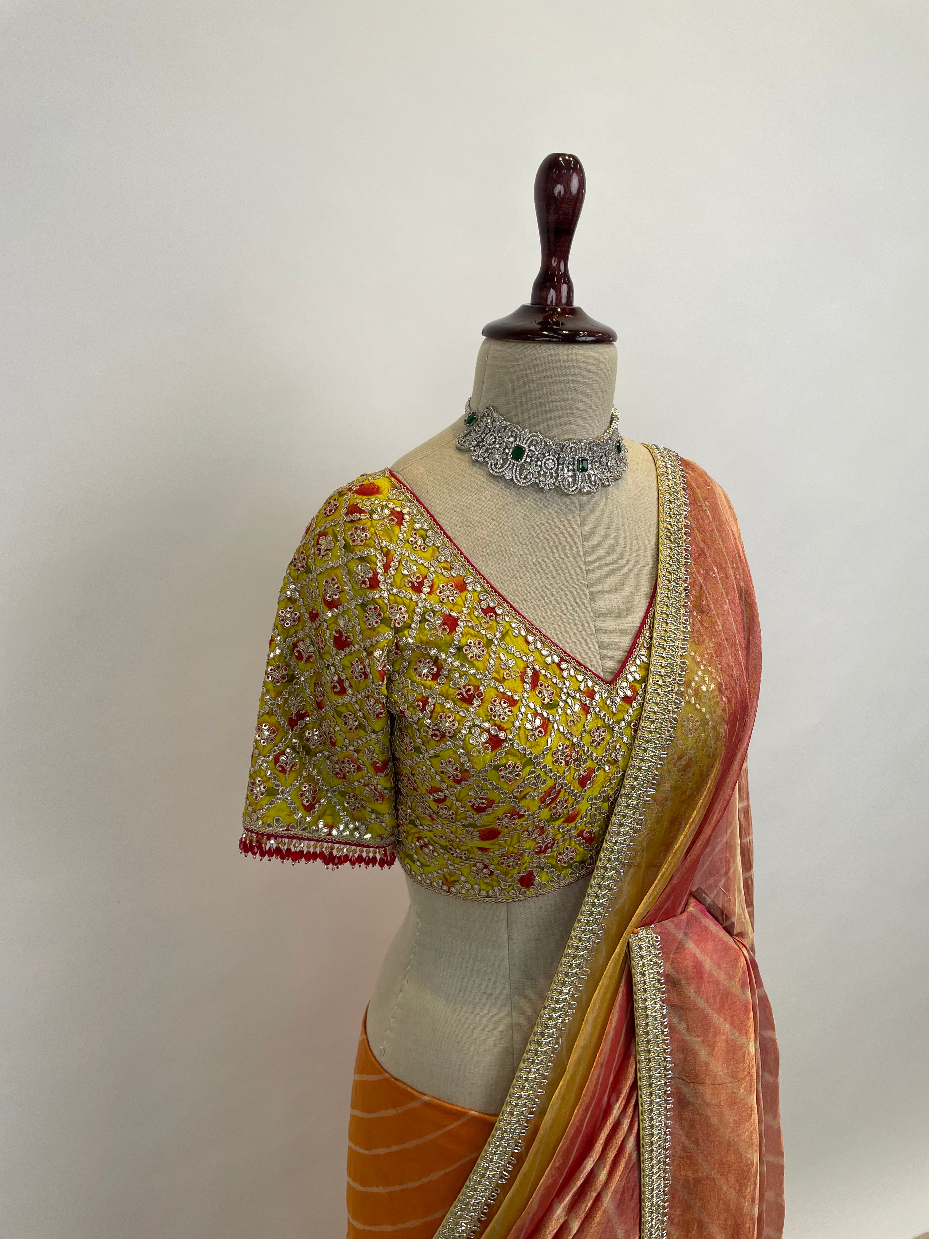 Leheriya Tissue Saree with Embroidered Blouse