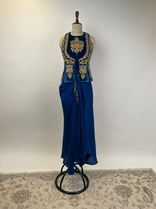 Blue Velvet Embroidered Top and Drape Skirt