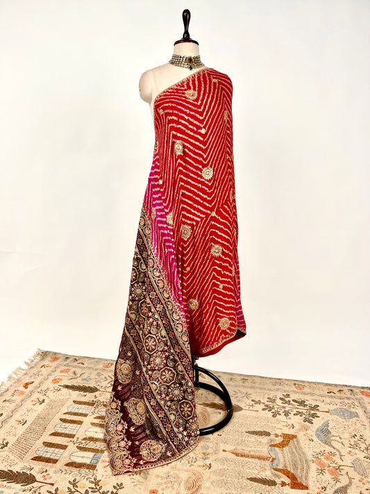 RED & PINK OMBRE AJRAKH & BANDHANI DUPATTA