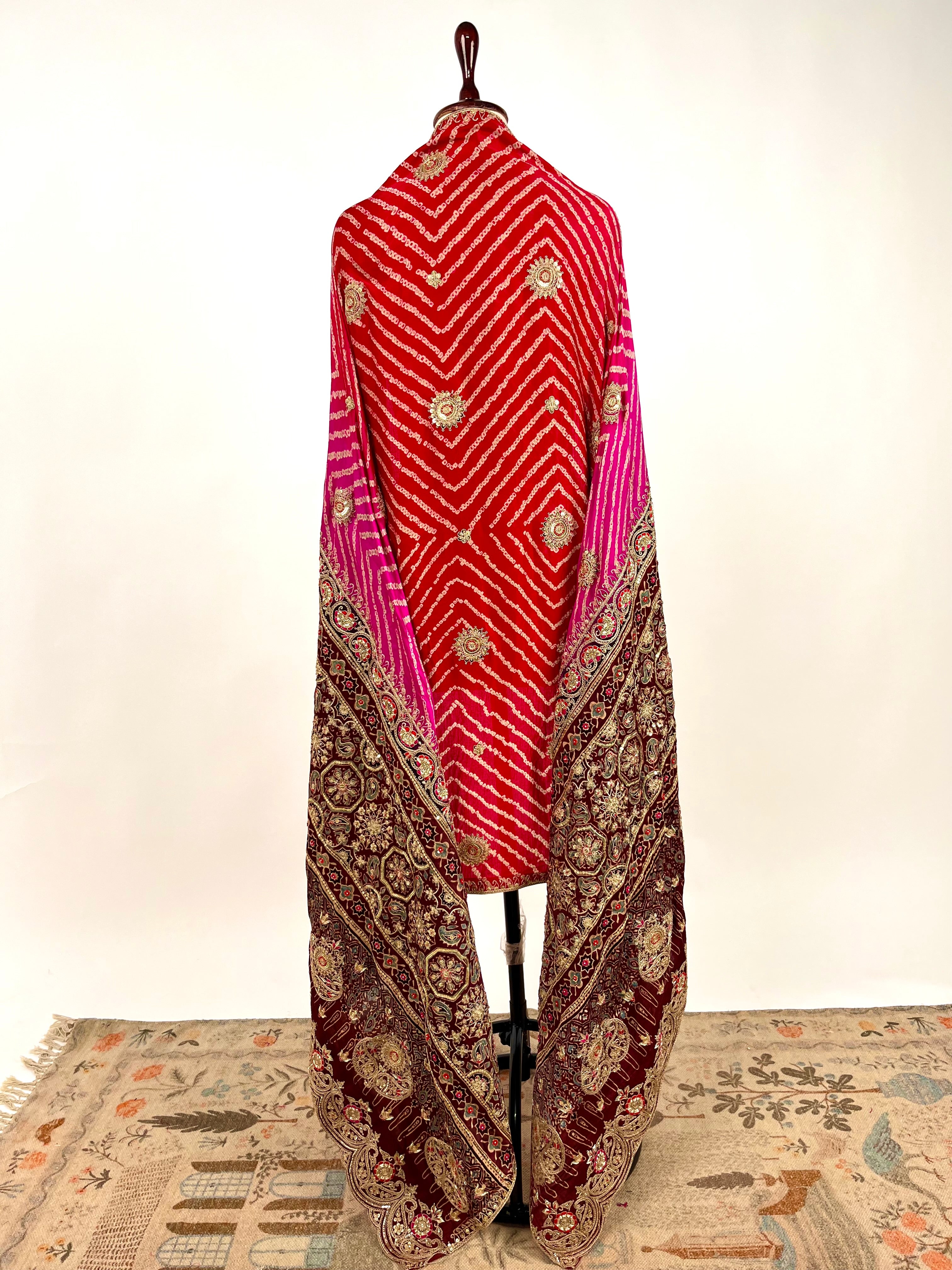 RED & PINK OMBRE AJRAKH & BANDHANI DUPATTA