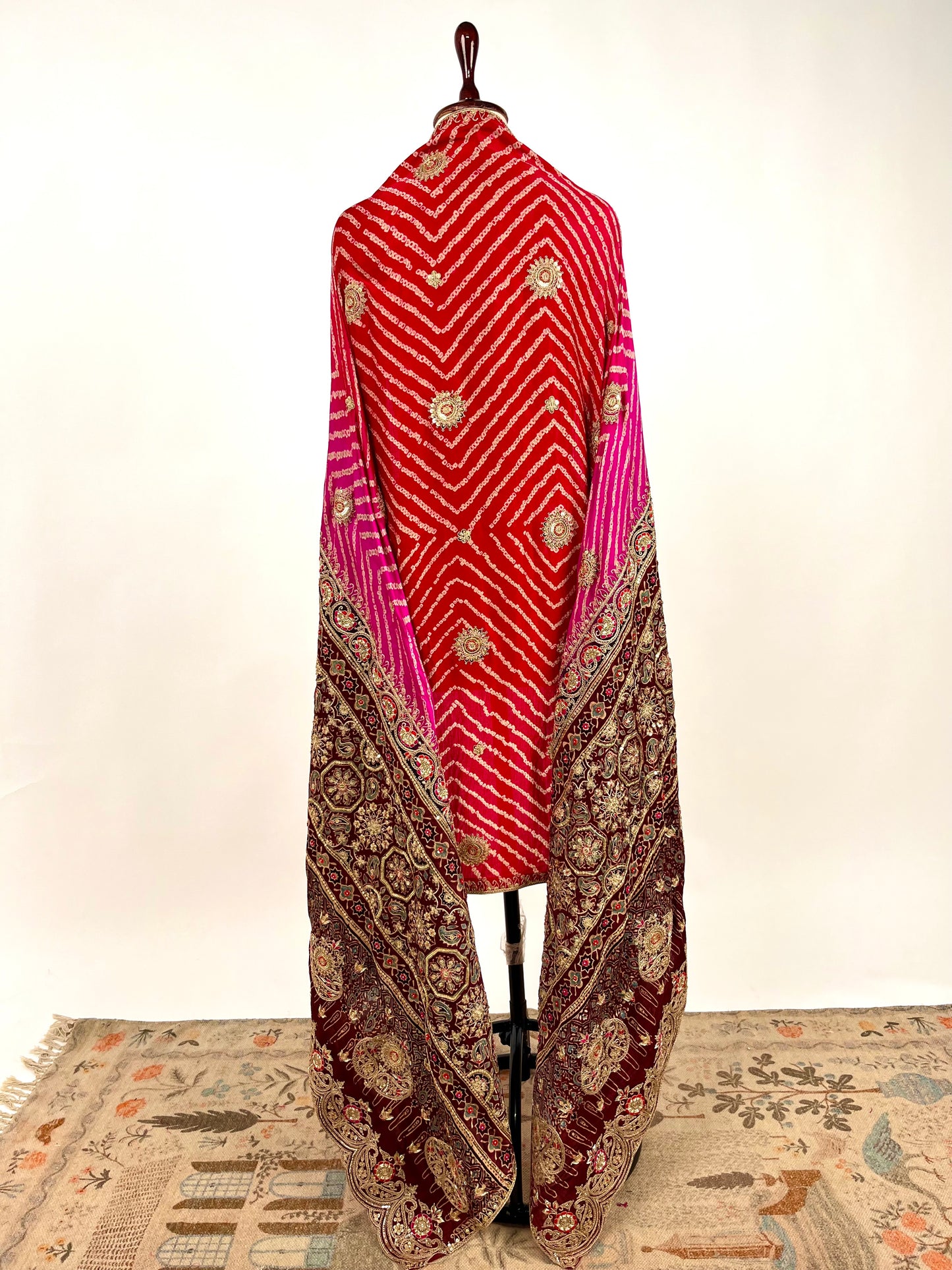 RED & PINK OMBRE AJRAKH & BANDHANI DUPATTA