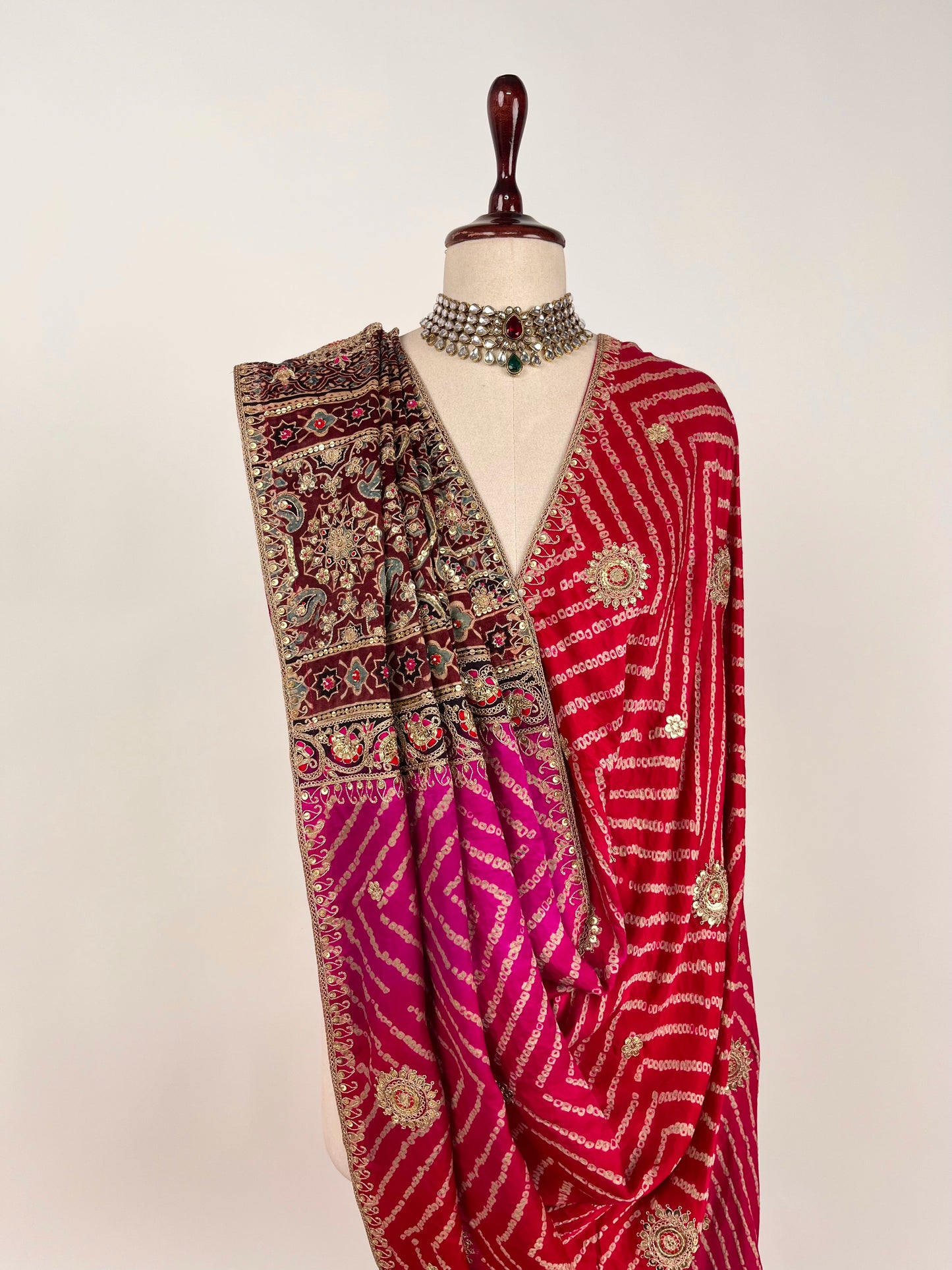 RED & PINK OMBRE AJRAKH & BANDHANI DUPATTA