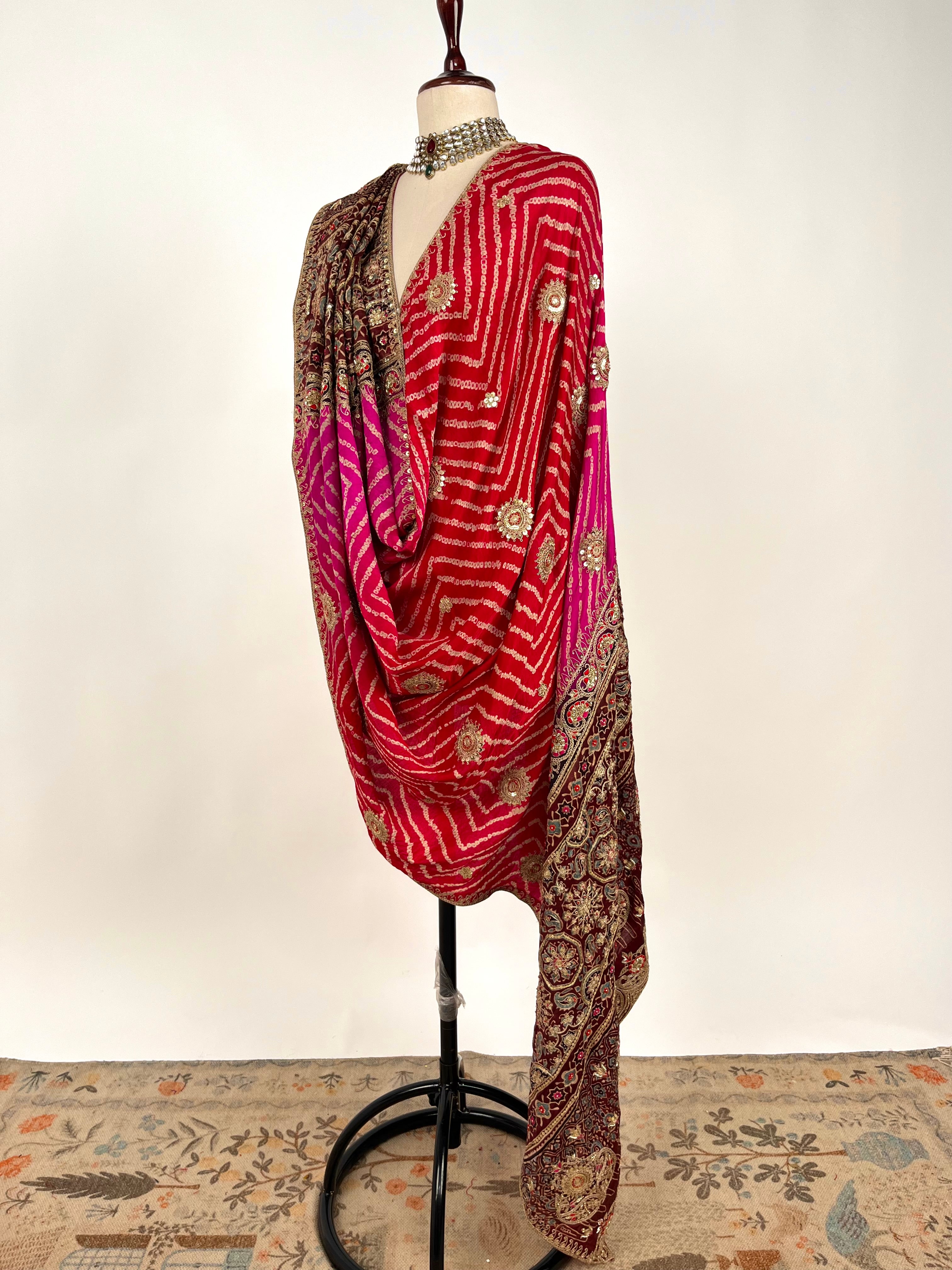 RED & PINK OMBRE AJRAKH & BANDHANI DUPATTA