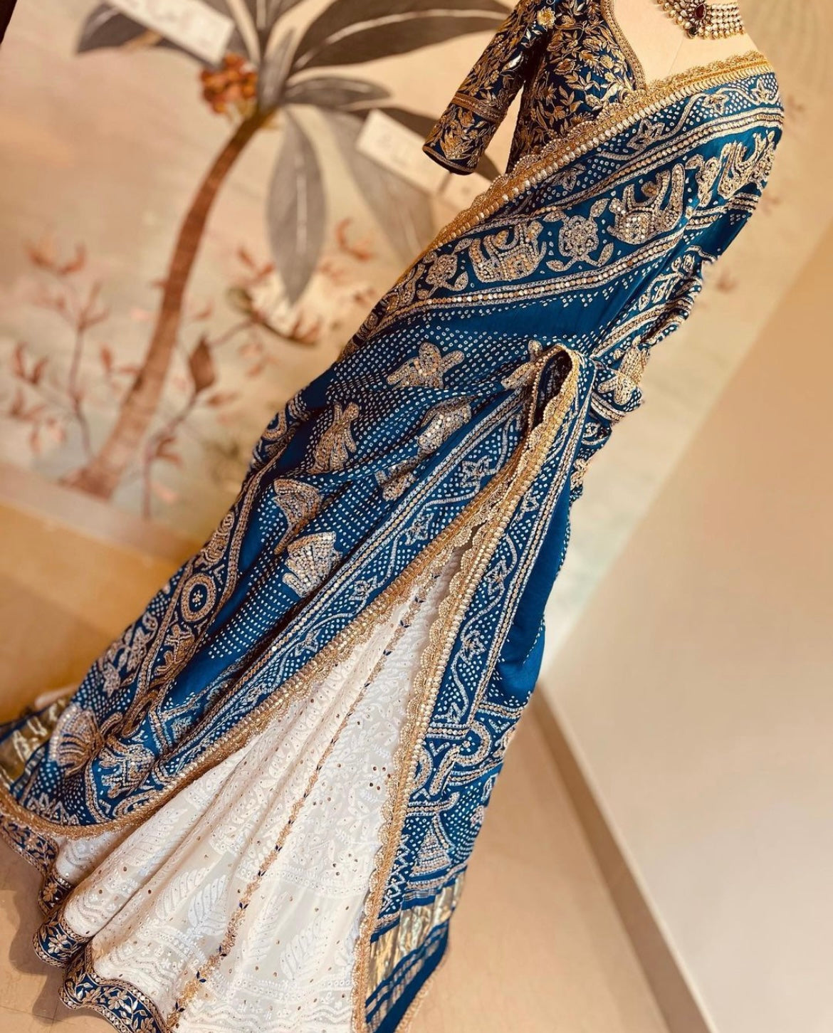 WHITE CHIKANKARI BANDHEJ LEHENGA WITH GOTAPATTI & MARODI WORK